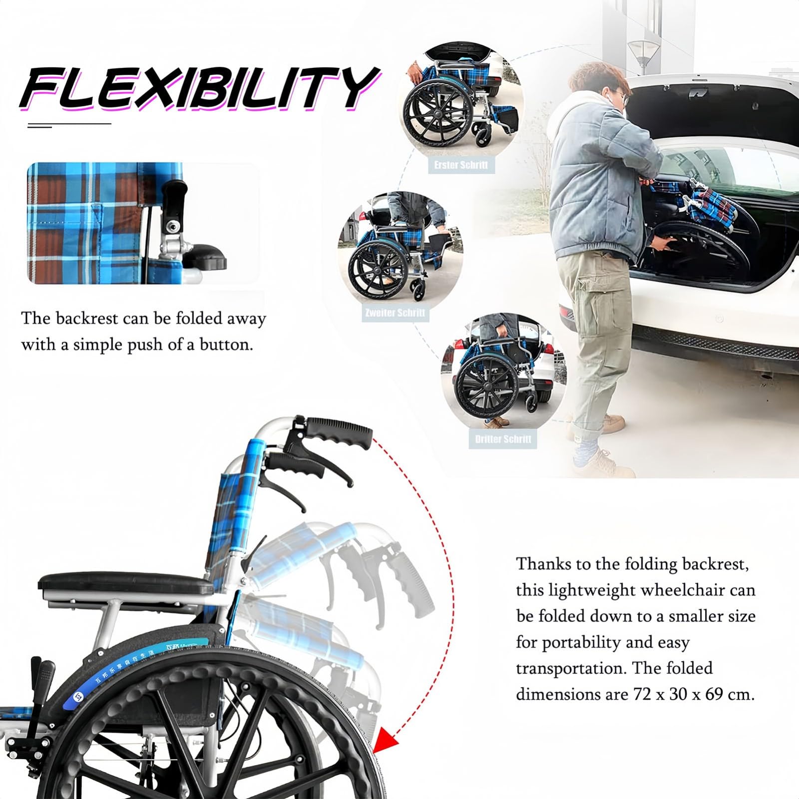 Silla de Ruedas Silla de Ruedas de Viaje Ligera de Aluminio Plegable, Sillas de Ruedas autopropulsadas Livianas para discapacitados y Personas Mayores A