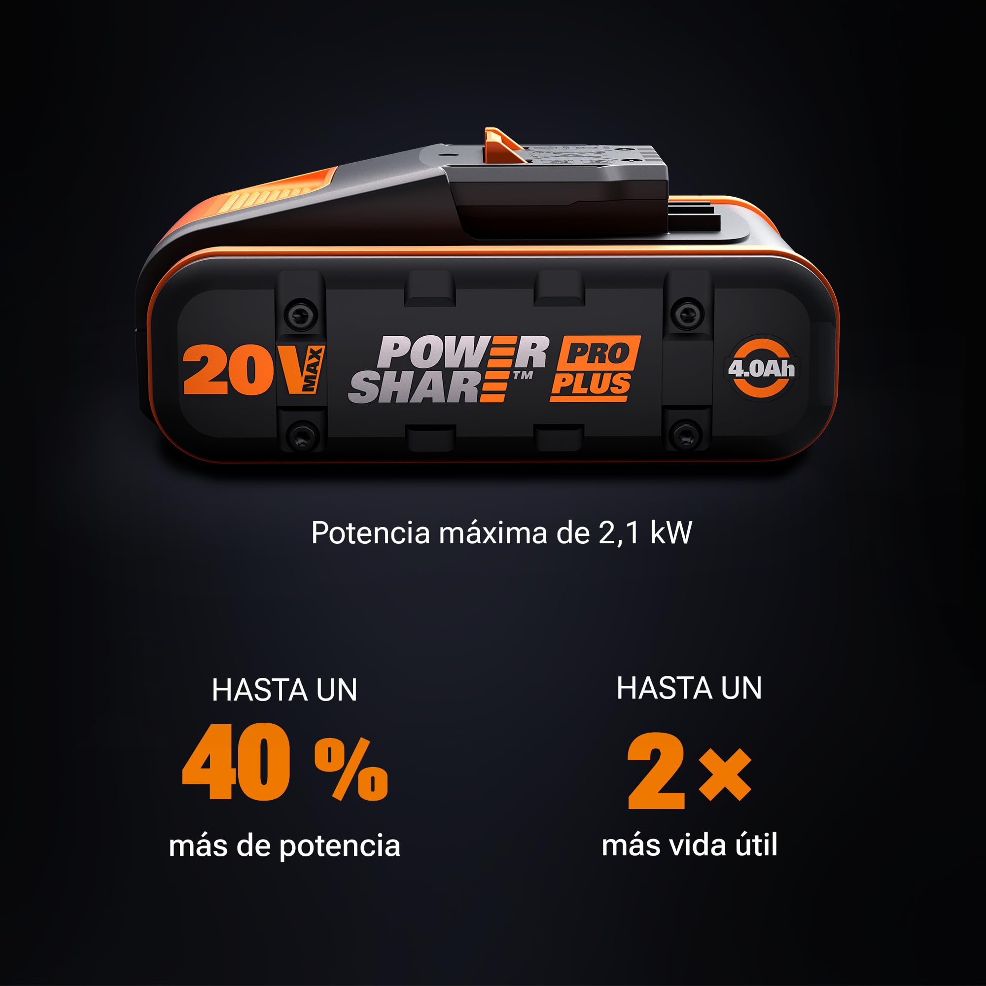 WORX WA3646 Powershare Pro Plus 20V 4Ah, batería de Ciclo Largo, con tecnología de Alto Rendimiento, indicador Integrado, Compacto y Ligero, Compatible con Todas Las Herramientas WORX