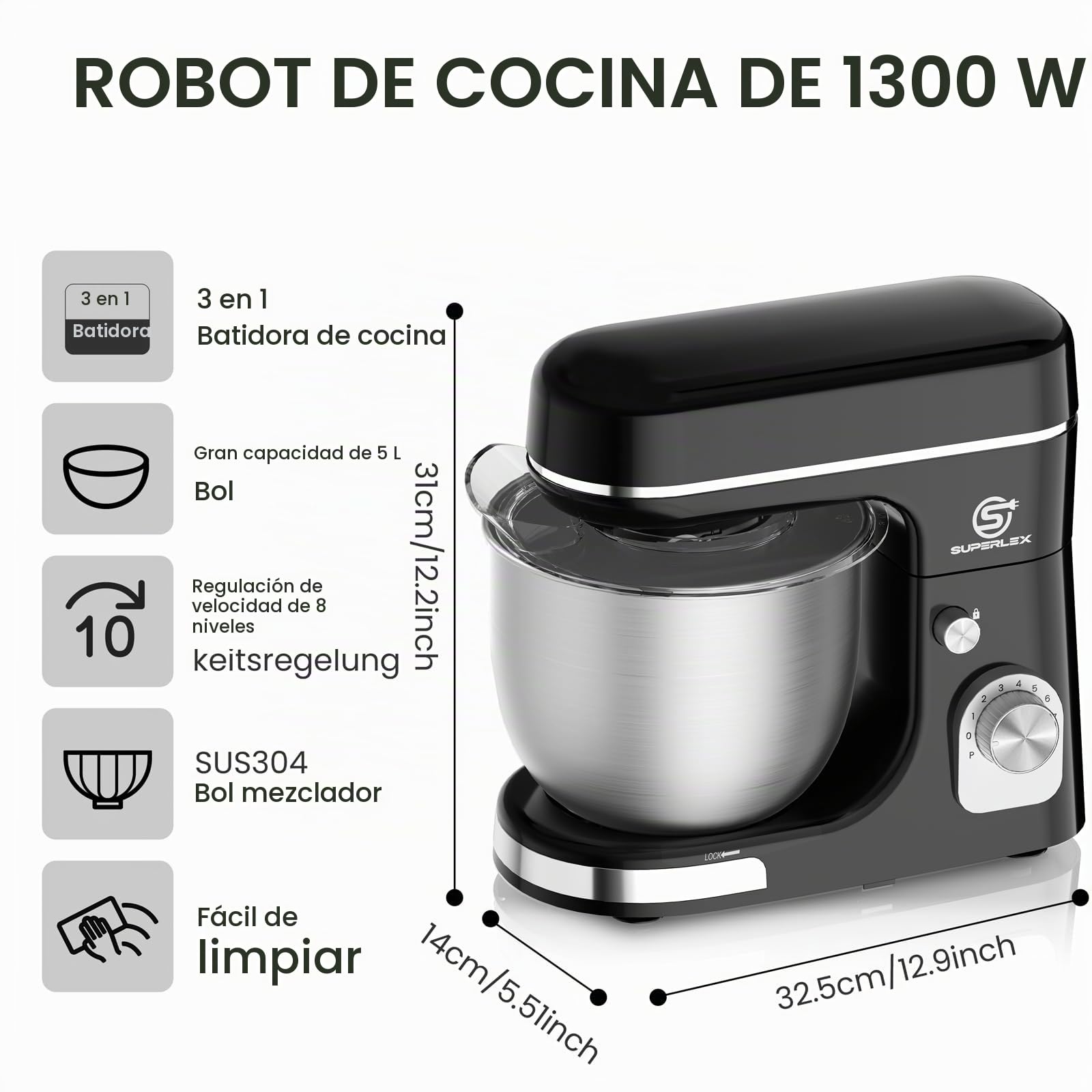 Robot de Cocina 3 en 1 con 1300W y Bol de Acero Inoxidable de 5L Robot Multifuncional de Cocina con 8 Velocidades Amasadora y Batidora con Gancho de Amasar, Batidor y Varillas