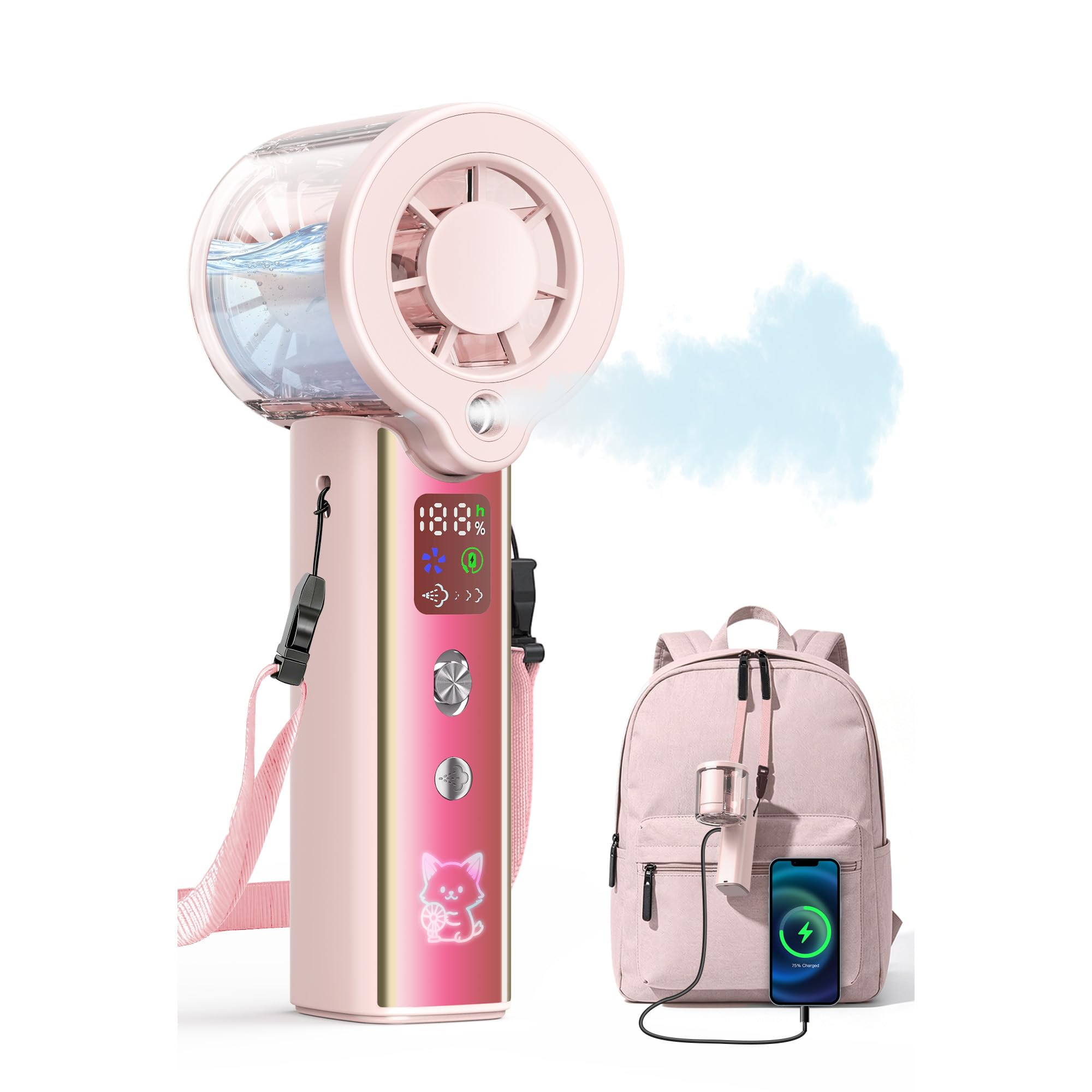 Photo 1 of Qiravo Portable Misting Fan, 3-in-1 Rechargeable Handheld (Rose Pink)