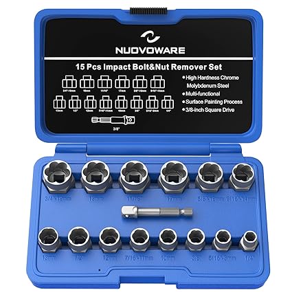 Nuovoware Screws & Bolts Extractor Set Drill Bit with Hex Adapter, Easy Out Broken Lug Nut Extractor Stripped Screw Remover Set for Damaged, Rounded-off, Studs, Rusted Bolts, 15 Pieces