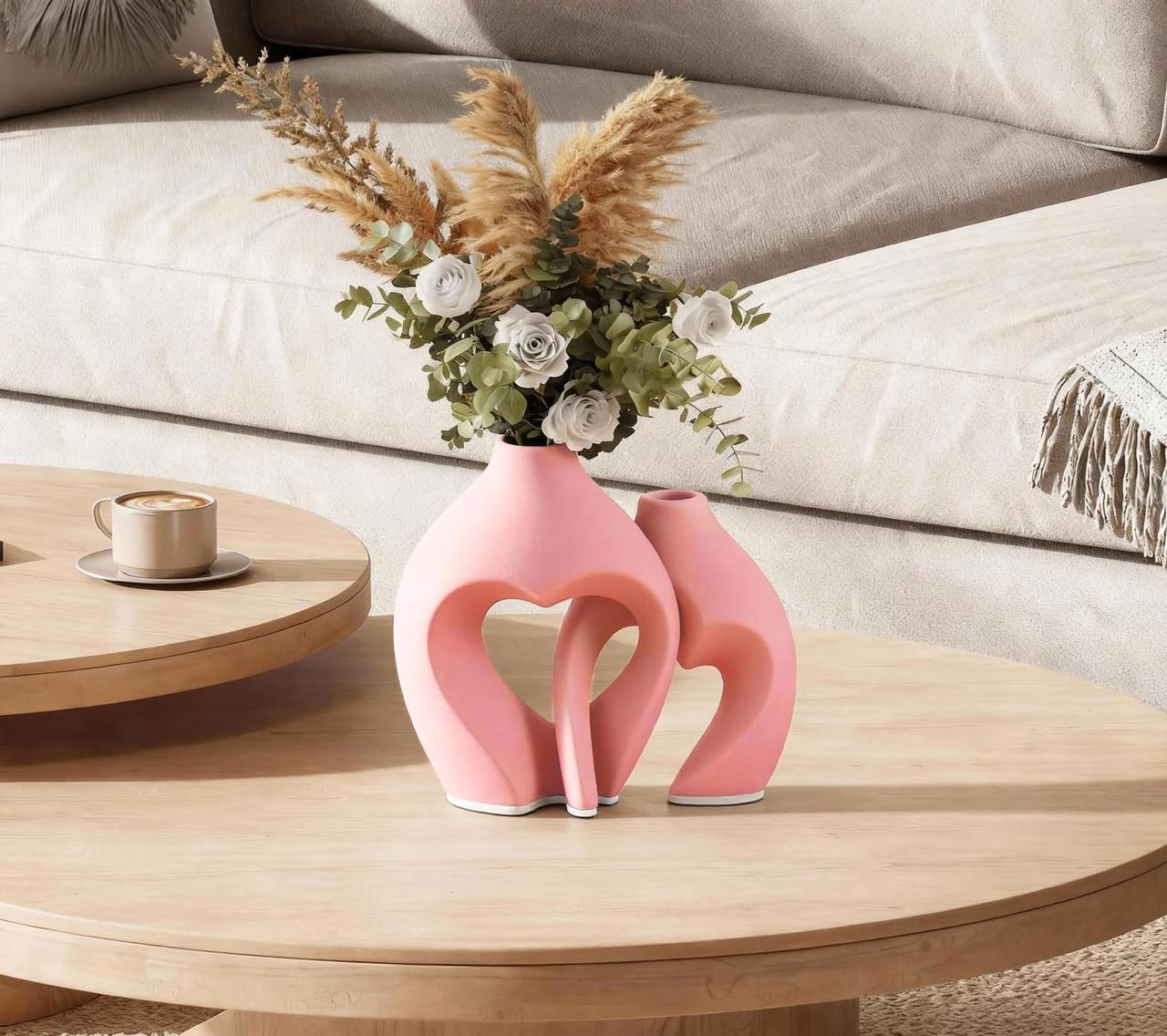 Zormon Pink Heart Shaped Ceramic Vases Set of 2, Modern Nordic Minimalist Flower Vases for Home Decor, Hollow Aesthetic Vases for Living Room, Shelf, Table, Office and Wedding Centerpieces