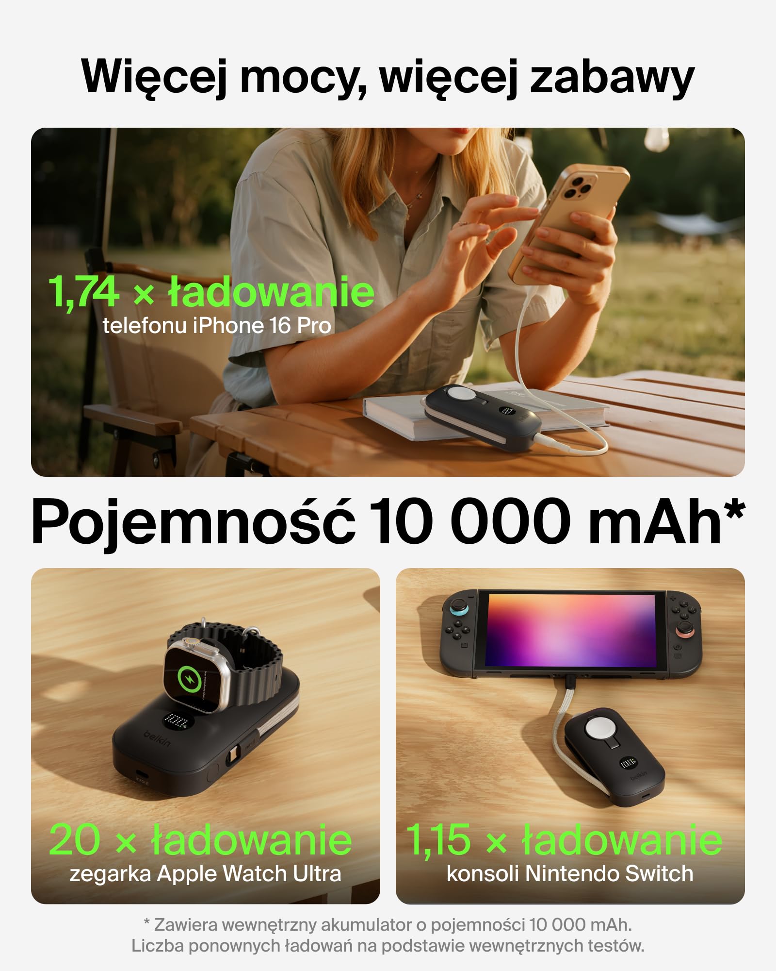 Belkin BoostCharge Pro Powerbank 10000mAh z Ładowarką do Zegarka Apple Watch, Przenośna Ładowarka z Wbudowanym Kablem USB-C w Oplocie i Wyświetlaczem Cyfrowym, 45 W, do Ładowania 3 Urządzeń – Czarny