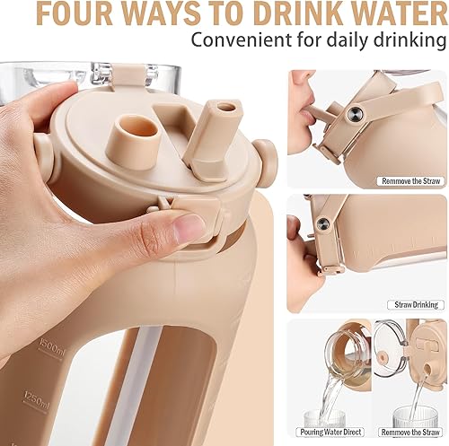 Vista 2 de BLUEGO Botellas de agua de vidrio de 64 onzas con marcador de tiempo y pajilla, botella de agua motivacional grande de medio galón, con funda