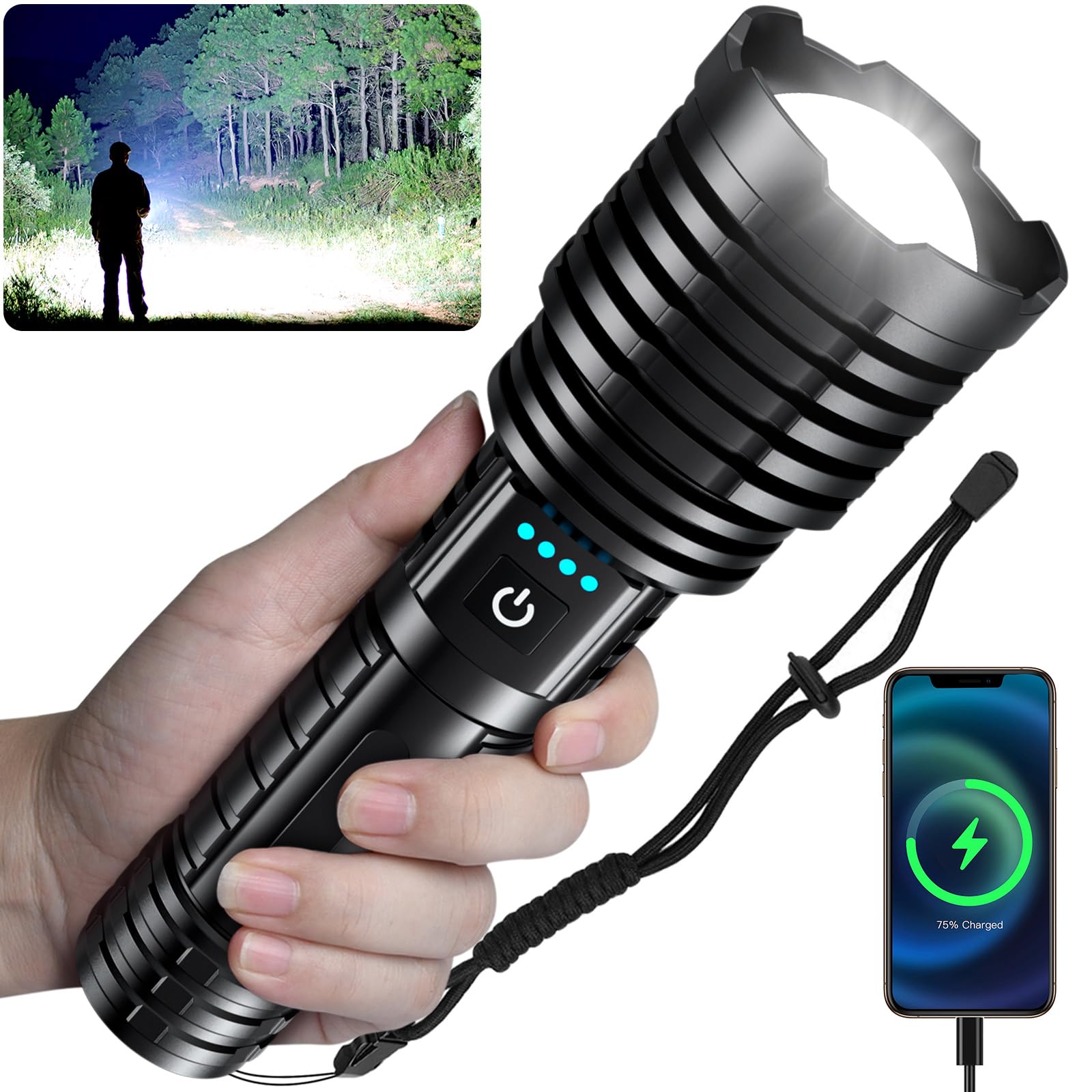 Baibian Black Rechargeable Flashlights High Lumens, 100,000 Lumens Super Bright Flashlight, Led Handheld Waterproof Tactical Flashlights-Zoomable 5 Modes-31H Runtime-Holster For Emergency Camping