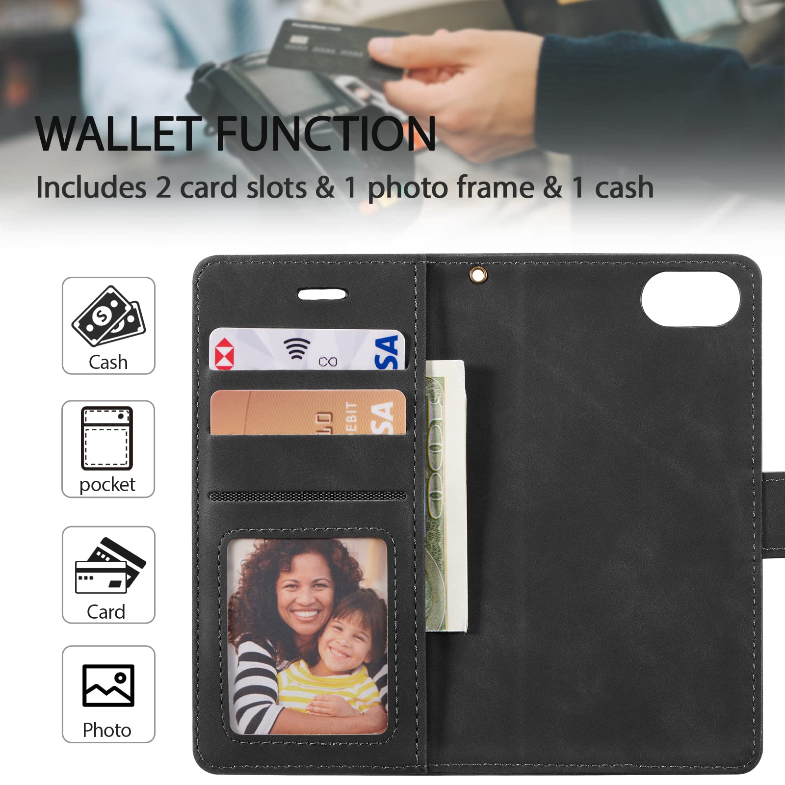QLTYPRI Klapphülle Mit Magnet Für IPhone 7/8/SE – Kartenfach, Ständer-Funktion, Schwarz