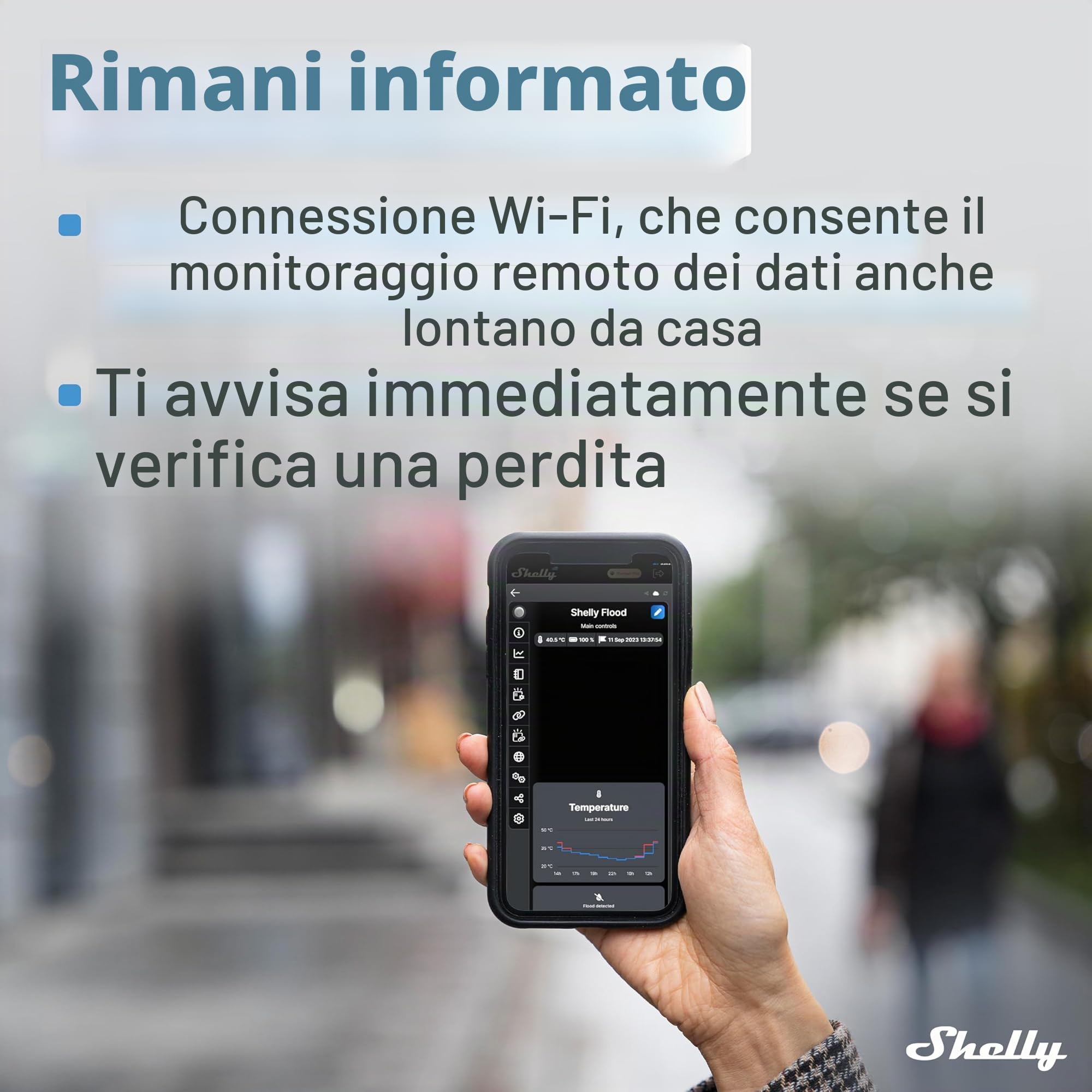 Shelly Flood, Sensore Perdita Liquidi e Sensore di Temperatura,WiFi, Smart, Compatibile con App, Notifiche immediate, Sicurezza Domestica, Durata Batteria 18 mesi, Bianco