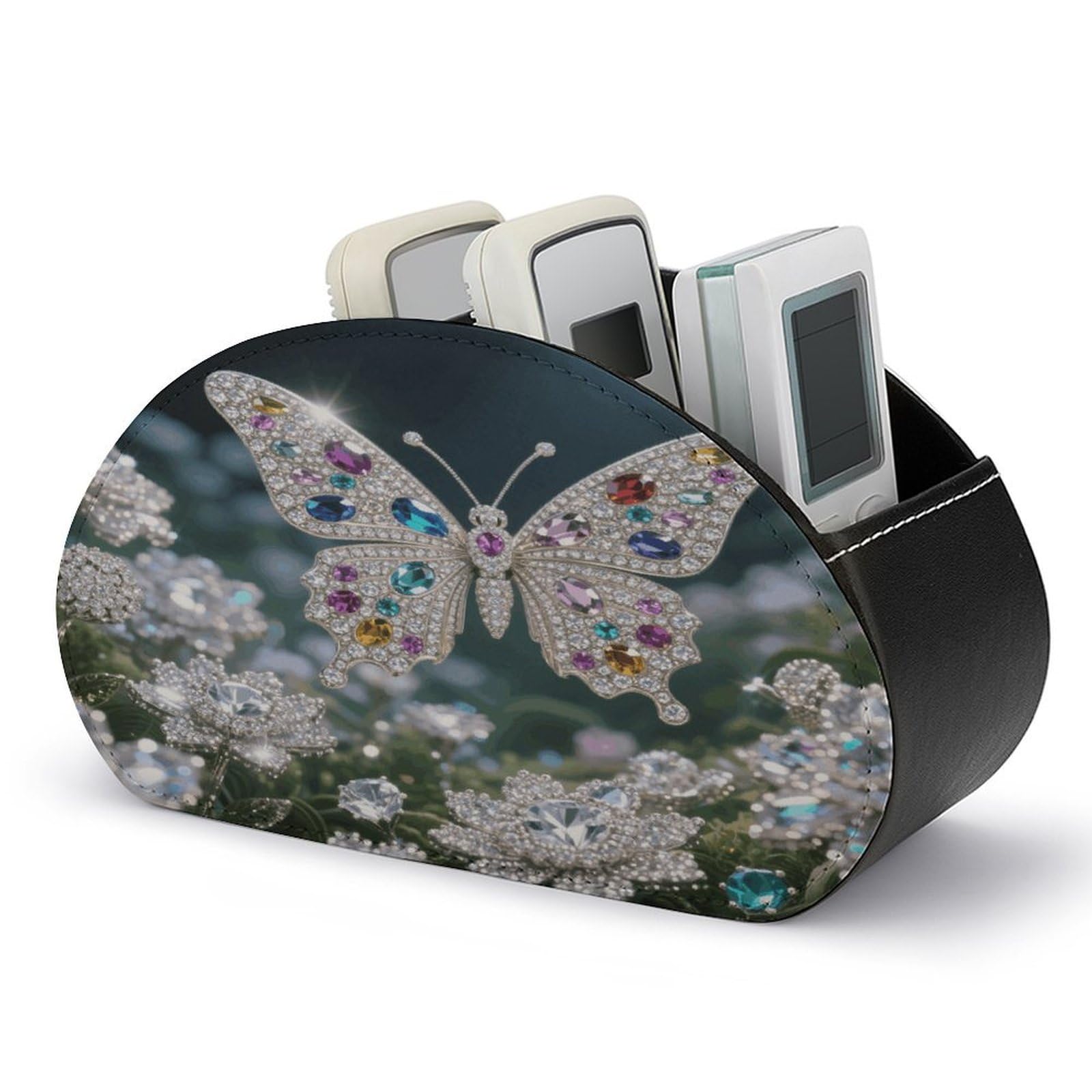 VstaDank Jewel - Butterfly Remote Control Holder with 5 Compartments PU Leather TV Remoter Caddy Desktop Organizer TV Remote Holder Remote Box for Media Controllers Office Supplies