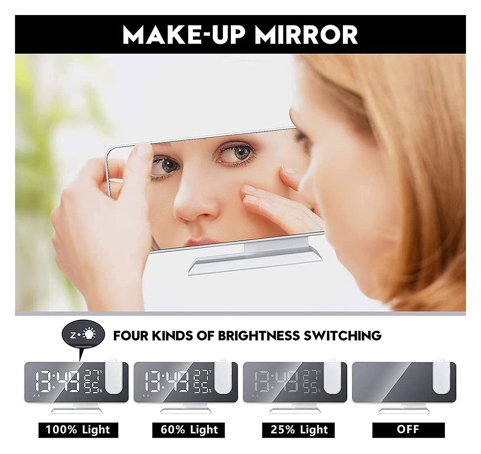WTL Despertador Reloj de alarma digital de proyección con FM Radio, 7.3 DIRIGIÓ Pantalla de espejo GRAND DIGIT, 180 ° Proyector Modern Mirror Superficie Reloj de alarma con función Snooze / 2 sonidos
