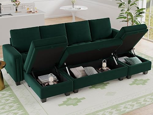 Miniatura 4 de Belffin Sofá cama modular convertible de terciopelo de 4 asientos con diván reversible, sofá cama seccional con almacenamiento otomano, sofá