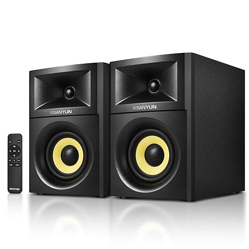 Sanyun SW205 4" Bookshelf Speakers | Immersive HiFi Audio with Virtual Surround | Flagship DAC/DSP Engine | Geometric Diffusion Cabinet | 80W, Bluetooth 5.4/Optical/AUX Inputs, Wireless Remote, Black