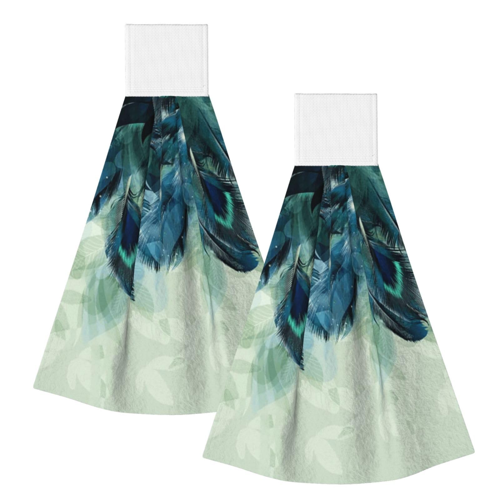 DOPKLNA Peacock Feather Pattern, 2 Pcs Hanging Coral Fiber Hand Towels for Bathroom, Absorbent Kitchen Towels