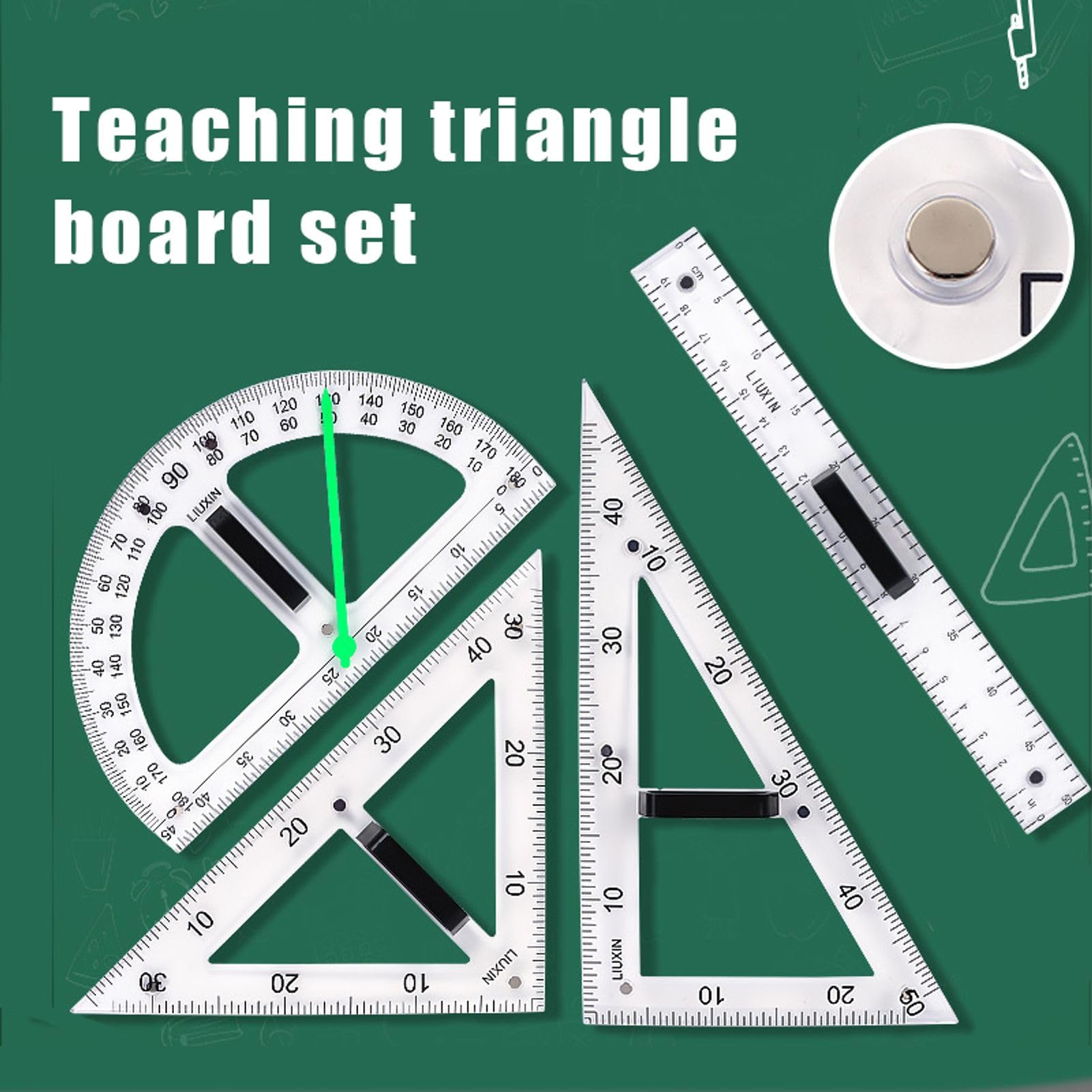 Magnetisches Geometriewerkzeug, Winkelmesser, Dreieckslineale, einfache Befestigung, Tafel-Messset, Lehrertafel, Winkelmesser, Mehrzweck-Set, groß (transparent, 4 Stück)