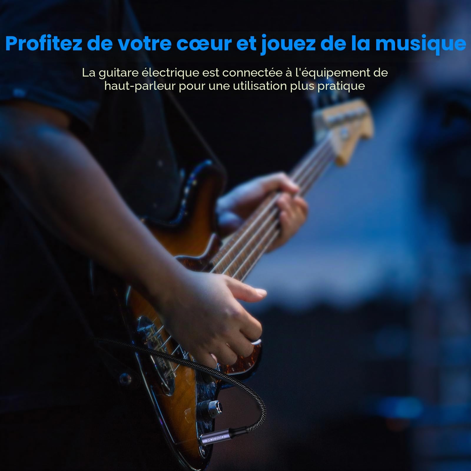 MOSWAG Câble pour Guitare 1M, Câble pour Instruments Stéréo 6,35mm TRS, Jack 6,3mm à Jack 6,3mm Connecteur Tressé pour Ampli, Blindage Anti-Bruit pour Guitare, Ampli, Basse, Clavier, Pédales d'Effets