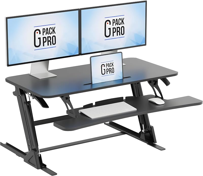 Convertidor de escritorio de pie de 40 pulgadas, altura ajustable | Superficie de trabajo para dos monitores con bandeja para teclado, marco de acero y elevación manual suave para configuraciones de oficina en casa