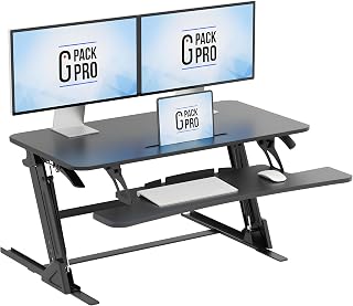 Convertidor de escritorio de pie de 40 pulgadas, altura ajustable | Superficie de trabajo para dos monitores con bandeja para teclado, marco de acero y elevación manual suave para configuraciones de oficina en casa