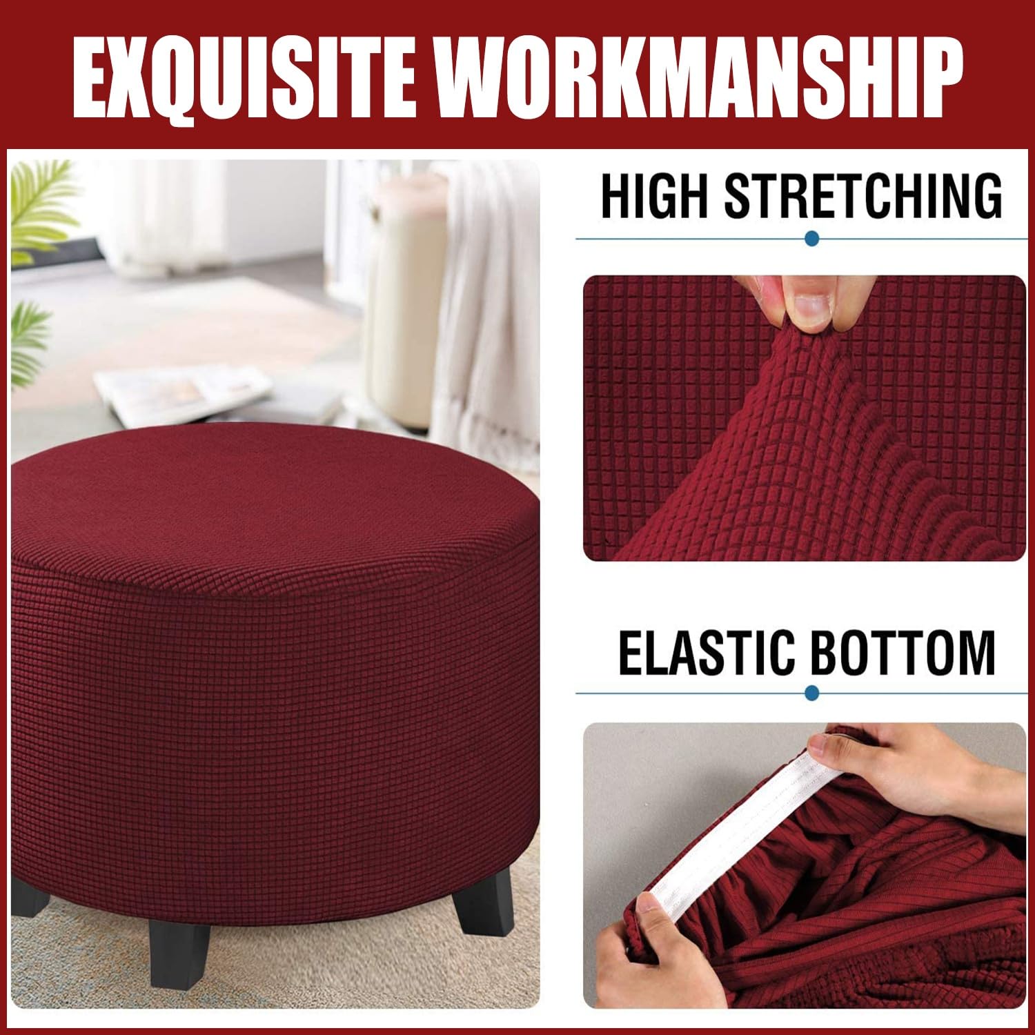 Copertura Elastica Per Pouf Rotondo - Universale, Taglie S/M/L/XL, Beige, Facile Da Lavare