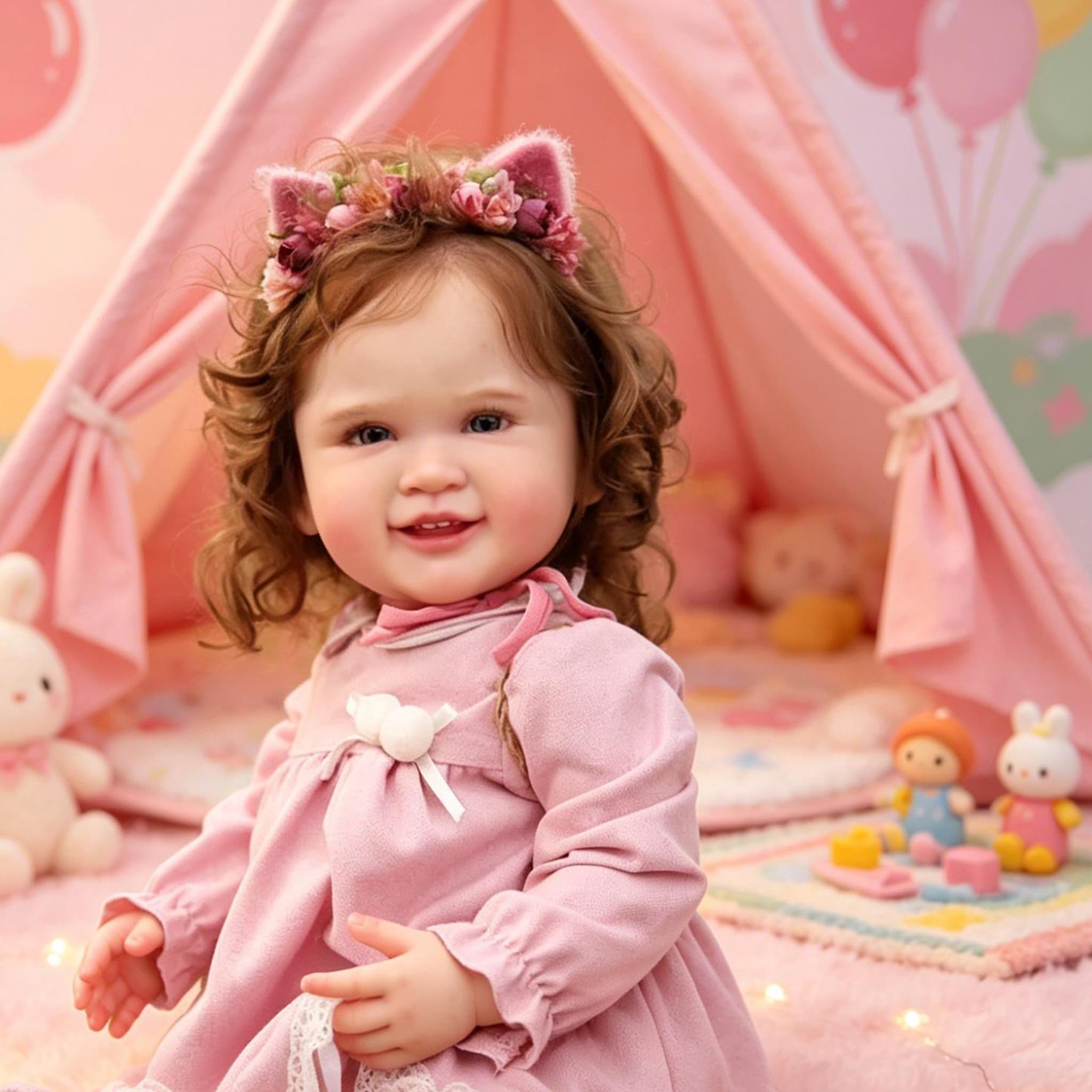 RXDOLL 28 Zoll Süßes Lächeln Lebensechte Reborn Baby Puppen, Realistische Reborn Babymädchen Weicher Stoffkörper, Lebensechte Kleinkind Puppen mit Verwurzeltem Haar als Geschenk für Kinder