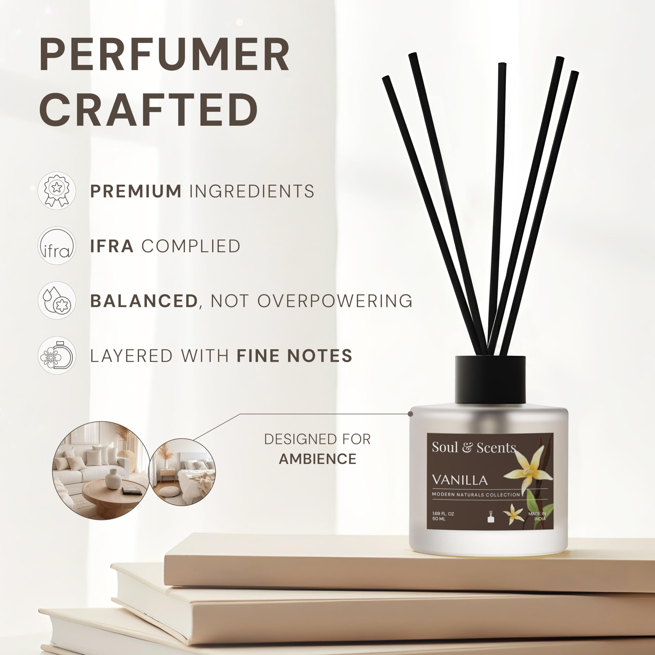Soul & Scents 50ml Vanilla Reed Diffuser Set | Blend of Toasted Coconut, Vanilla & Musk | Get 5 Rattan Reed Sticks | Smoke Less Room Freshener for Home, Bedroom, Living Room & Office 4