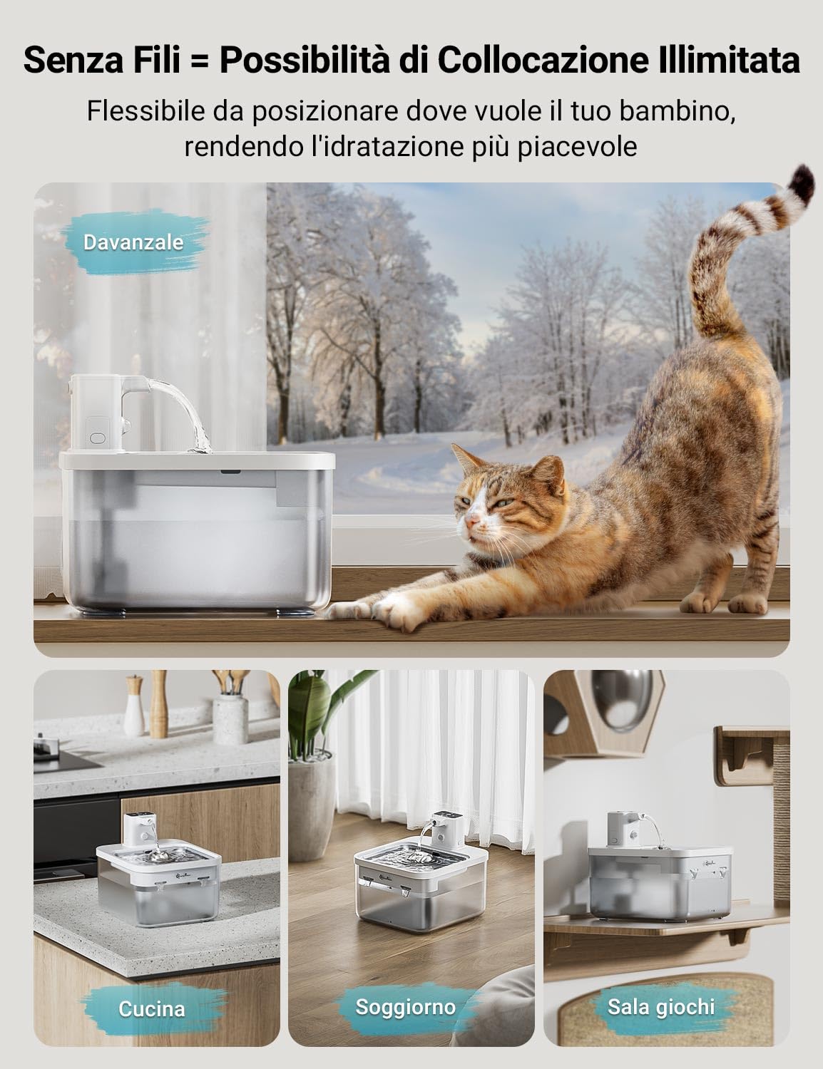 DownyPaws Fontanella per Gatti con Sensore di Movimento Senza Fili, 2,5L Fontanella per Gatti a Batteria, Fontana Silenziosa per Acqua Fresca Cani e Gatti con Vaschetta in Acciaio, Bianco