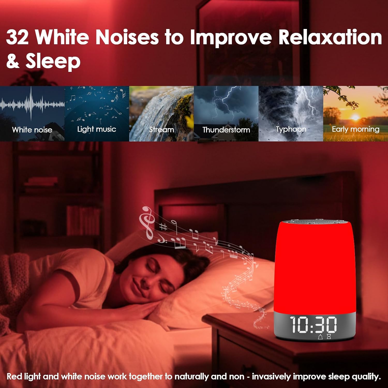 Red Light Therapy Sleep Device with 5-Level Red Light Therapy (620–690nm), 32 White Noise, Smart App Control, Night Light to Support Deep Relaxation and Improve Sleeping for Adult & Kid
