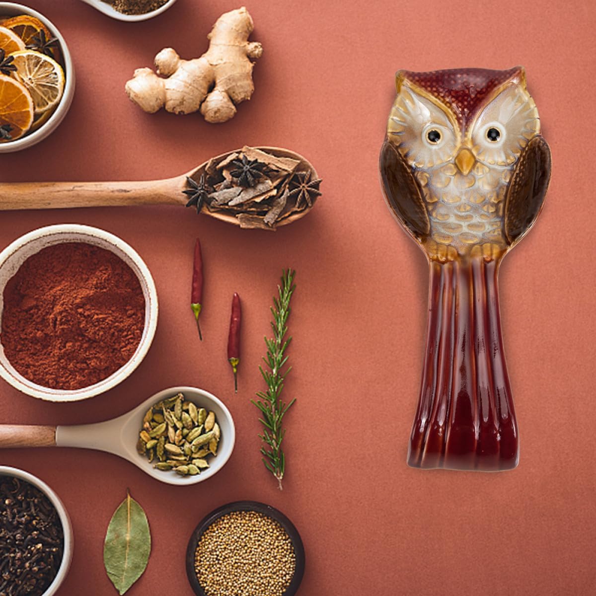 Ceramic Owl Shaped Spoon Rest Set 2pcs Red Blue Vintage Kiln Glaze Teaspoon Holder Cooking Gadget Kitchen Counter Accessory for Stove Top Use