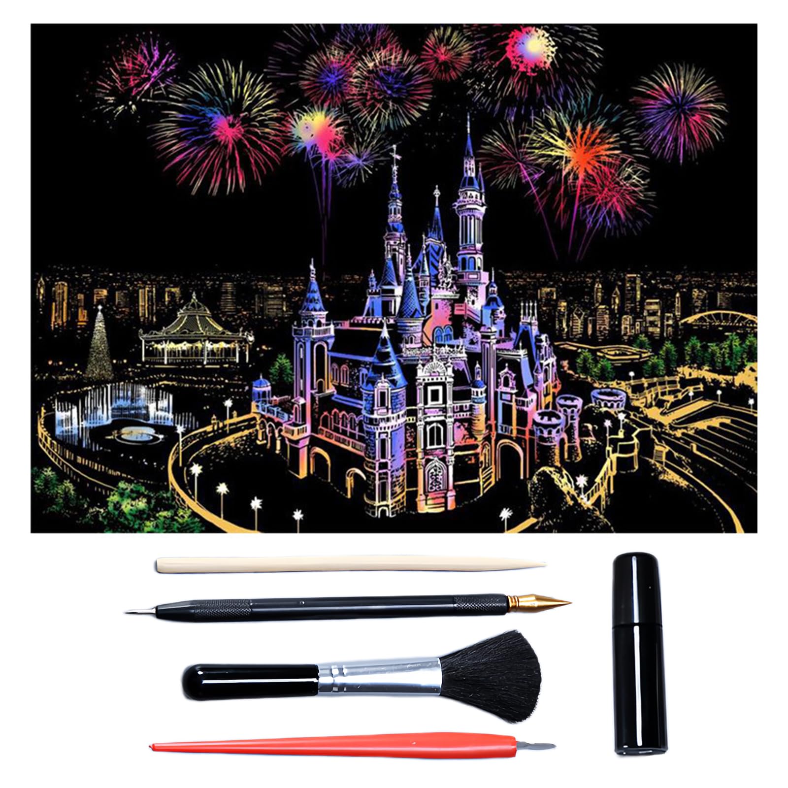 Scratch Art for Adults & Teens 16 x 11.2 Inches, Paint by Scratch Kit Adult Rainbow, Colorful Sketch DIY Night View Scratchboard (Dream Castle)