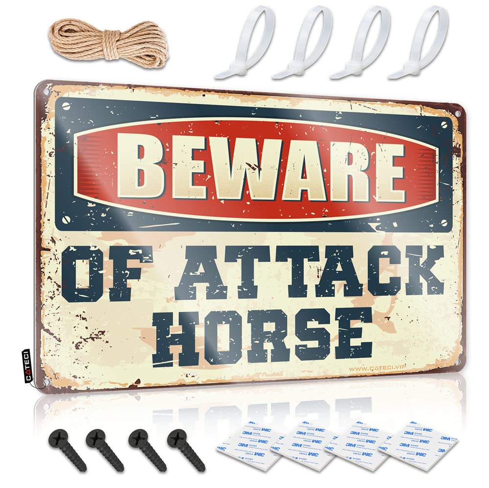HELIOFORGE Funny Patio Signs Beware Of Attack Horse Sign Home Wall Decor Funny Metal Sign Funny Wall Decor(30X40CM)