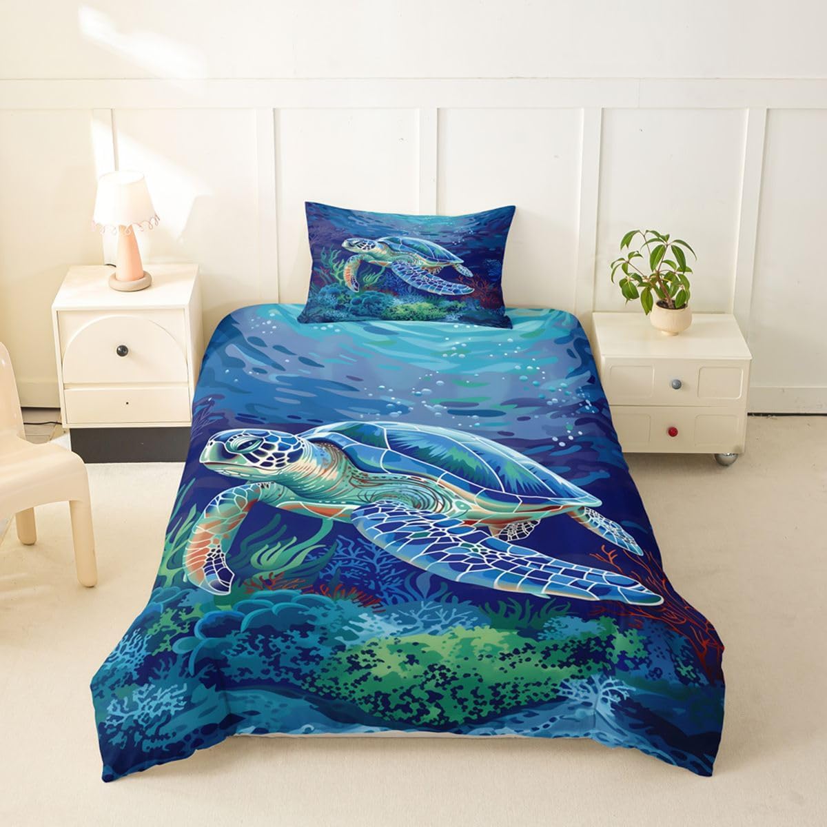 jejeloiu Sea Turtle Duvet Cover Toddler Size Marine Starfish Seashell Bedding Set Breathable Soft Ocean Sea Comforter Cover 2Pcs Bedroom Decor