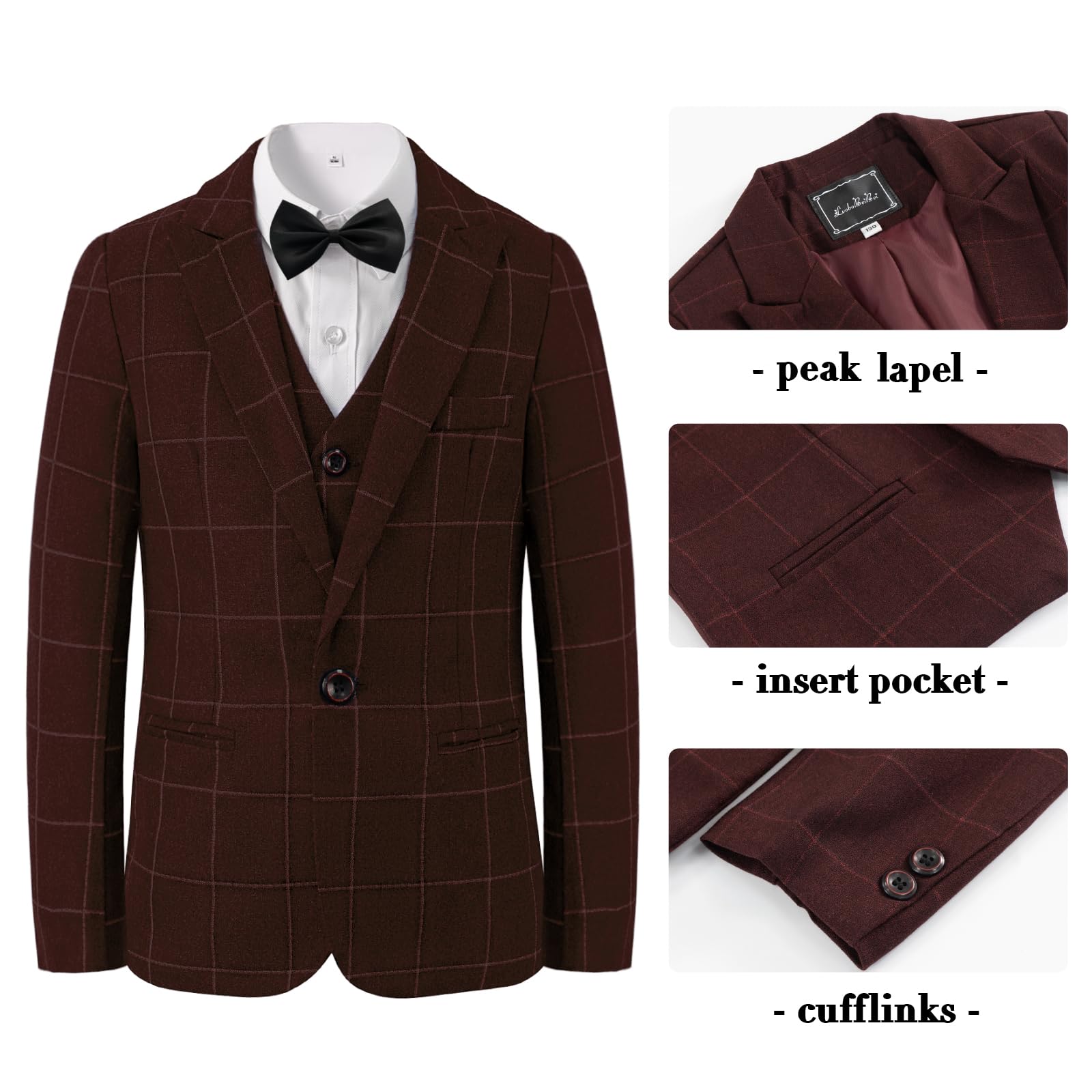 LOLANTA 5-teiliges Jungen Anzug Set, Karierter Festlicher Anzug für Hochzeit Geburtstag mit Blazer, Weste, Hose, Hemd und Fliege, 3-12 Jahre