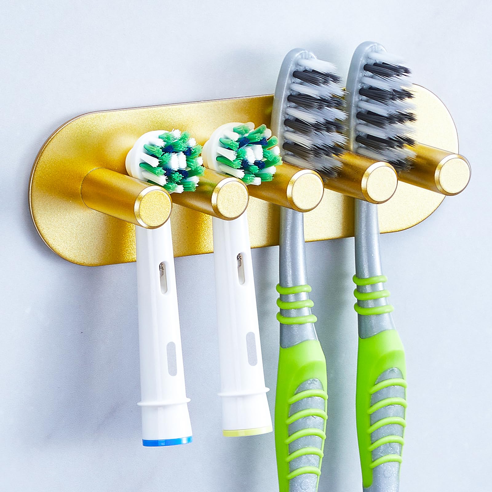 YAYINLI Toothbrush Holder, Electric Toothbrush Holder Wall Mounted, Anti-Rust Metal Toothbrush Head Holders for Bathroom, Self Adhesive Non Screw Tooth Brush Holder Organiser (Gold, Large)