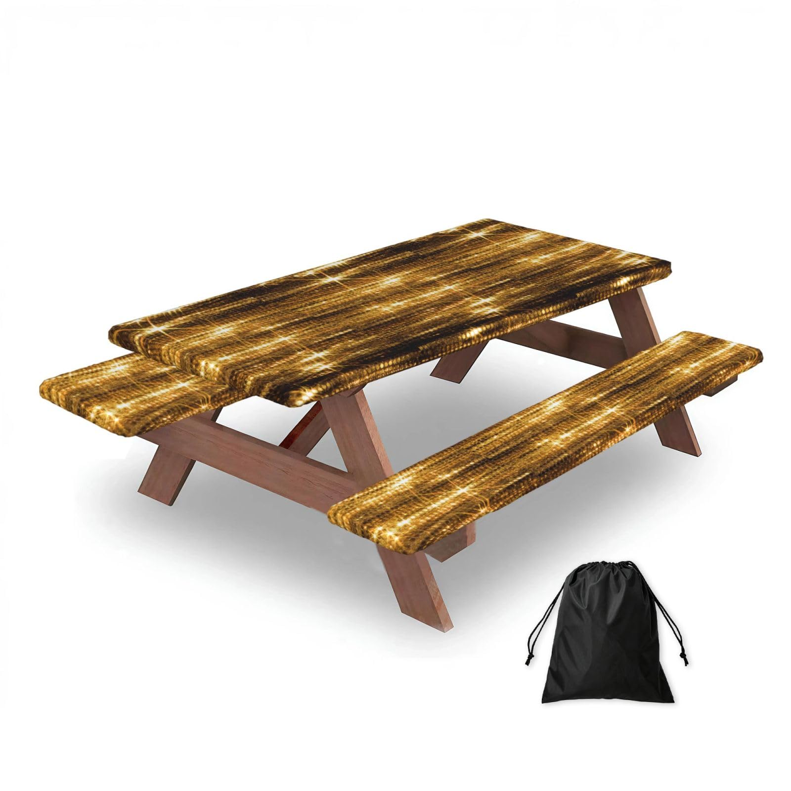 Dopklna As Picture Gold Sequin Sparkle, Picnic Table Cover With Bench Covers -Waterproof Elastic Fitted Tablecloth For Garden Camping Patio 76X152cm