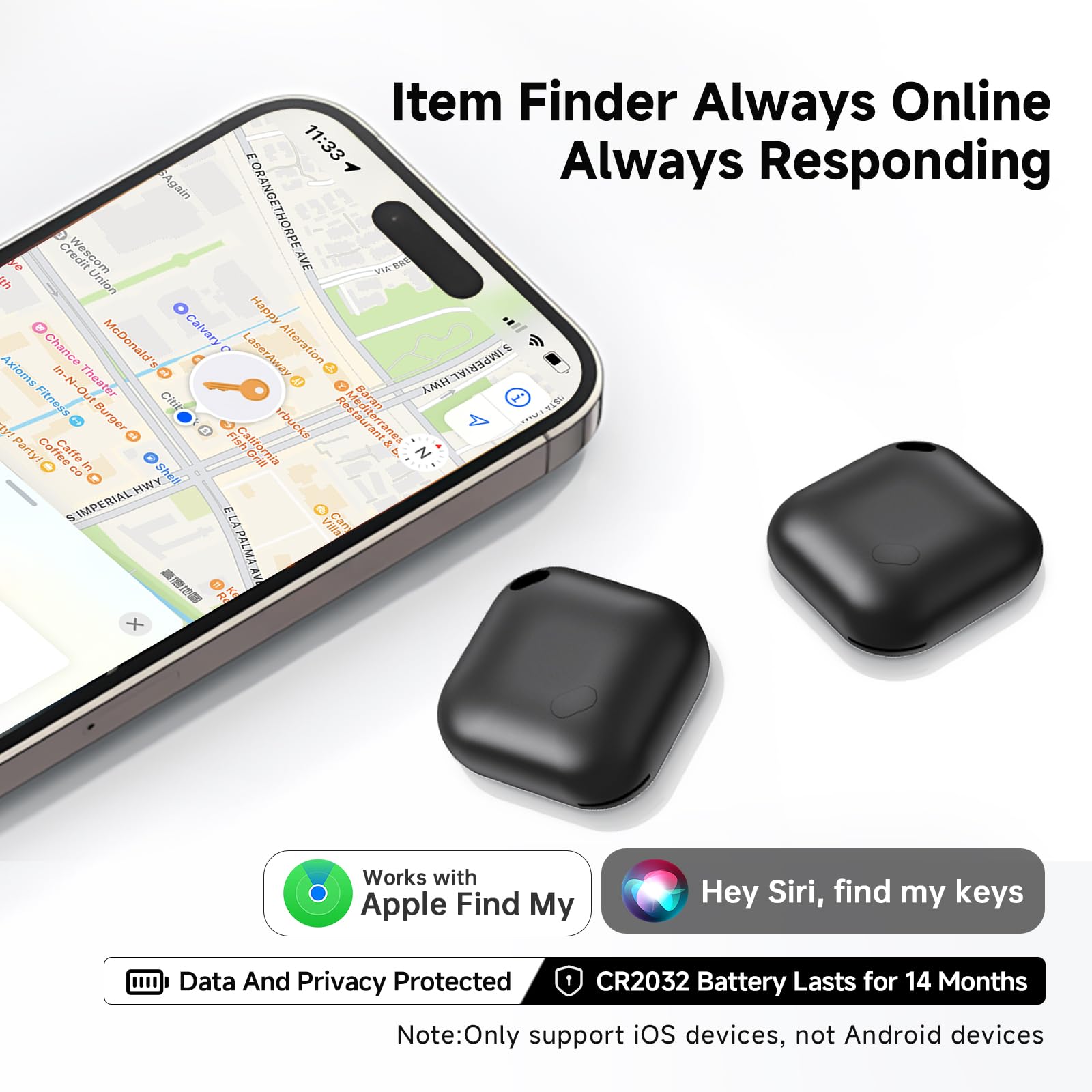 Key Finder 2 Black | Apple Find My (iOS Only) | 90dB Beeping | IP67 Waterproof | Replaceable Battery | Wallet, Pets, Bag, Backpack, Suitcase | Worldwide Tracking