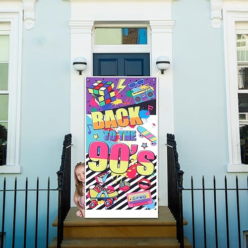 Miniatura 9 de Cartel de puerta con temática de los años 90 para decoraciones de fiestas de los 90, telón de fondo retro de los años 90 para sesión de fotos,