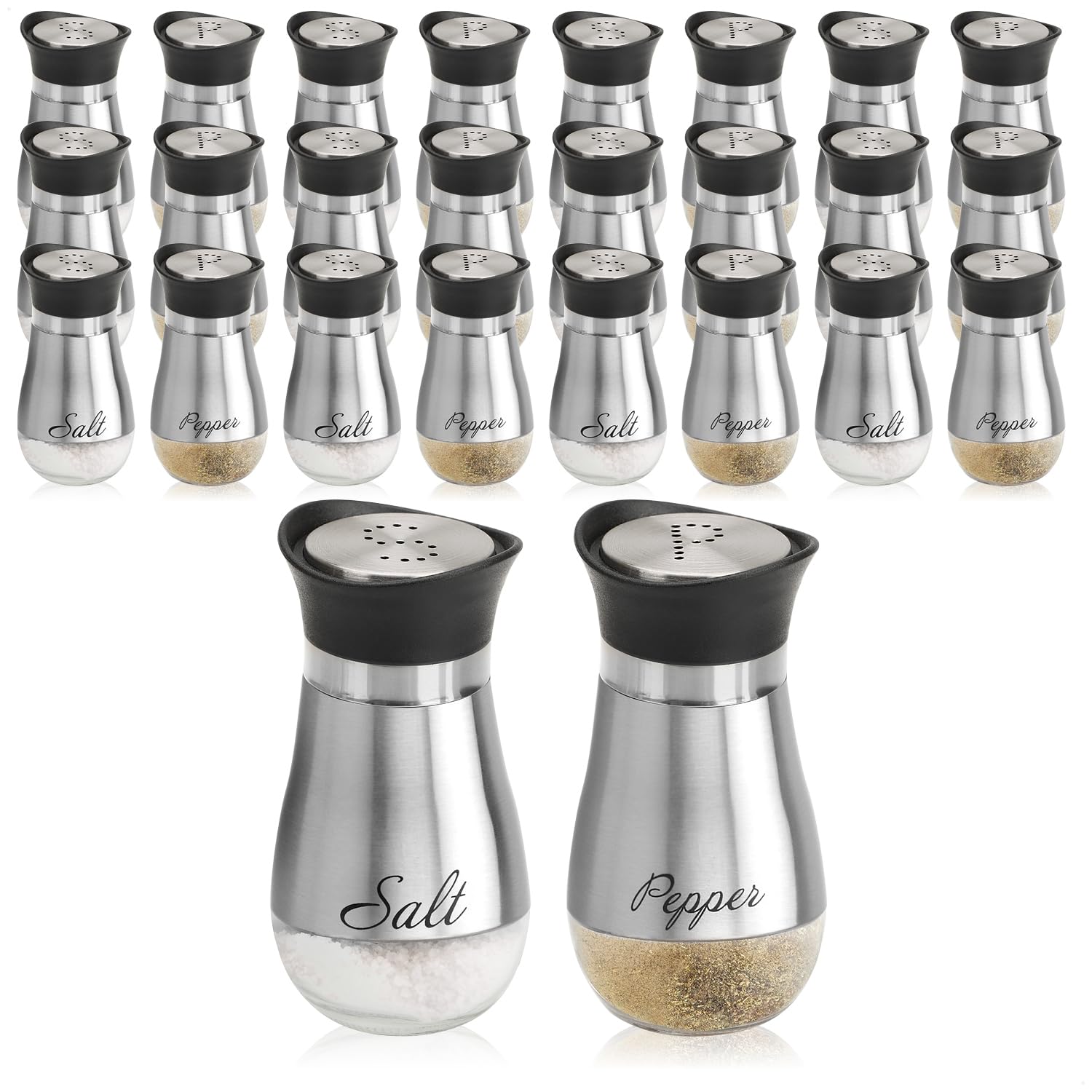 com-four® 24-teiliges Salz- und Pfefferstreuer-Set aus Edelstahl und Glas - Gewürzbehälter mit Aufschrift - Schüttler für Gewürze in Küche und Gastronomie - Würzspender