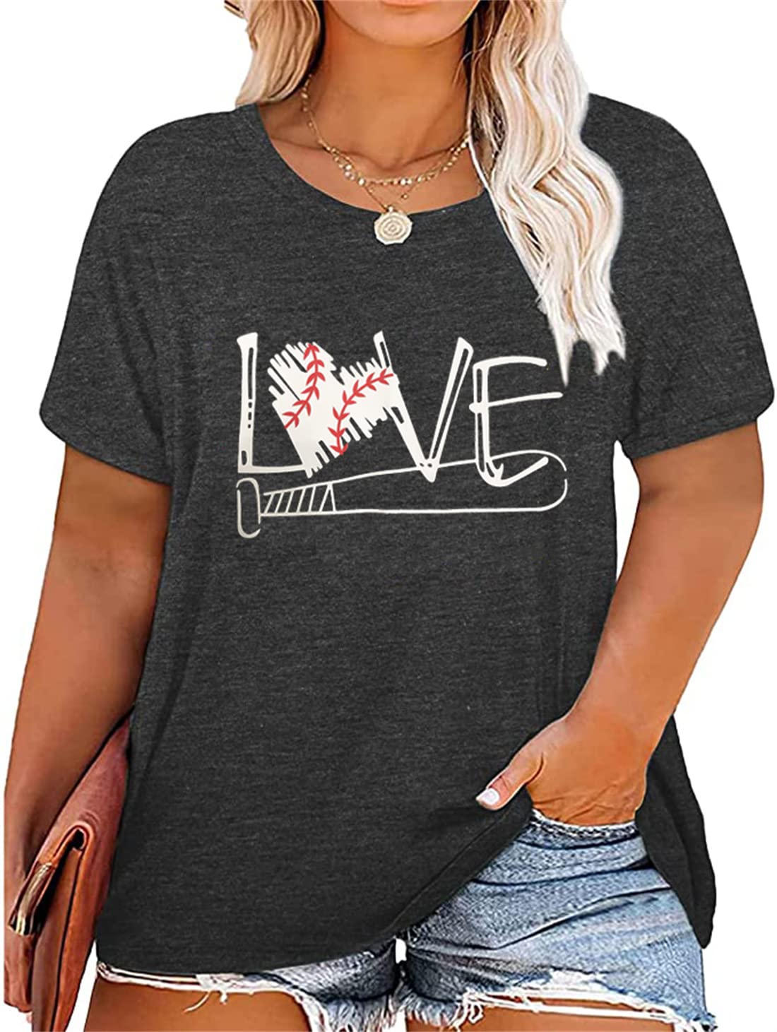 YALUCORPlus Size Baseball Mom Shirt Women Love Heart Graphic Baseball T Shirt Mothers Day Baseball Gift Short Sleeve Tees (1X-5X)