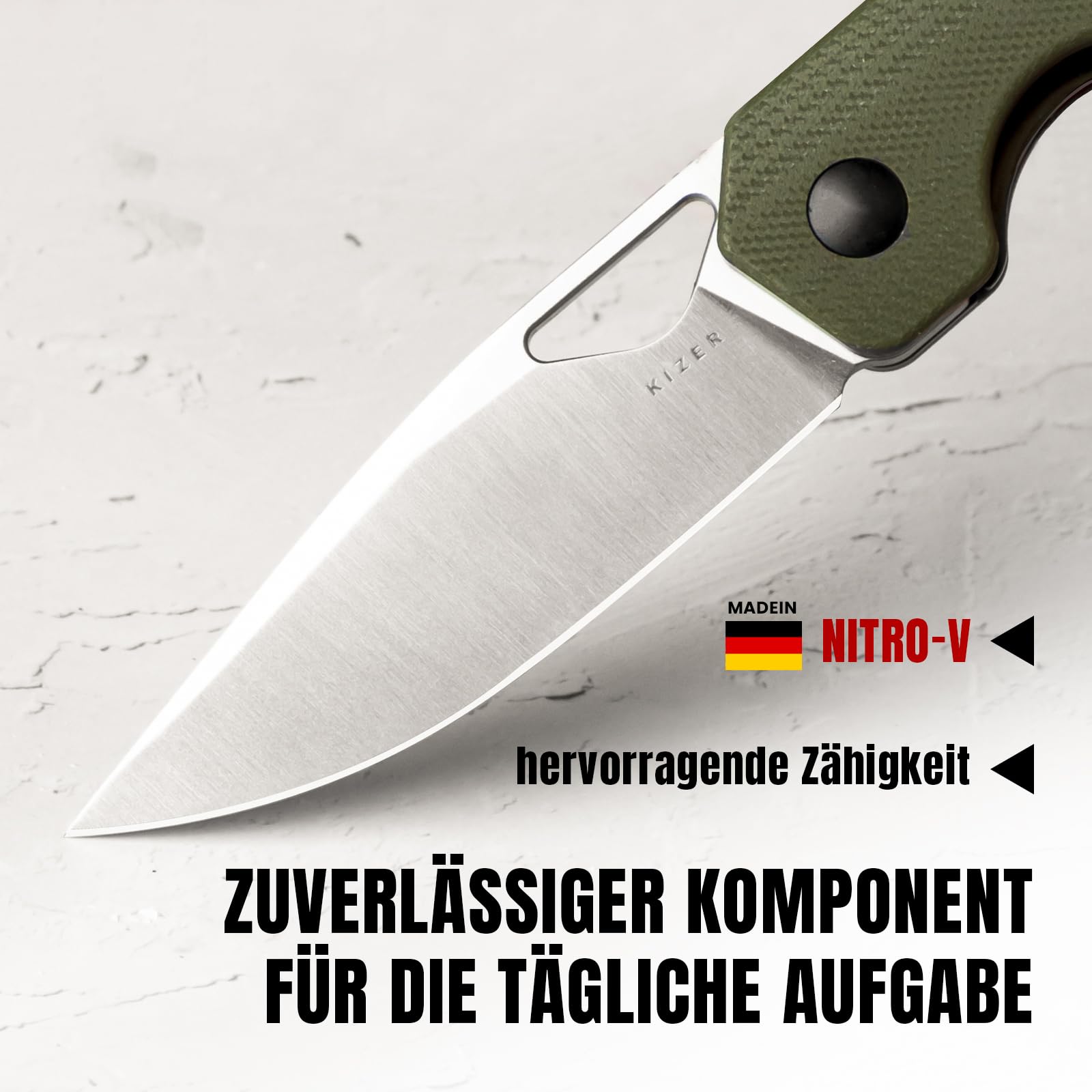 Kizer Mini Militaw V3634SA6 Navaja EDC, Nitro-V 7.16 cm, G10 Negro/Verde - Camping Caza Regalo Hombre Mujer