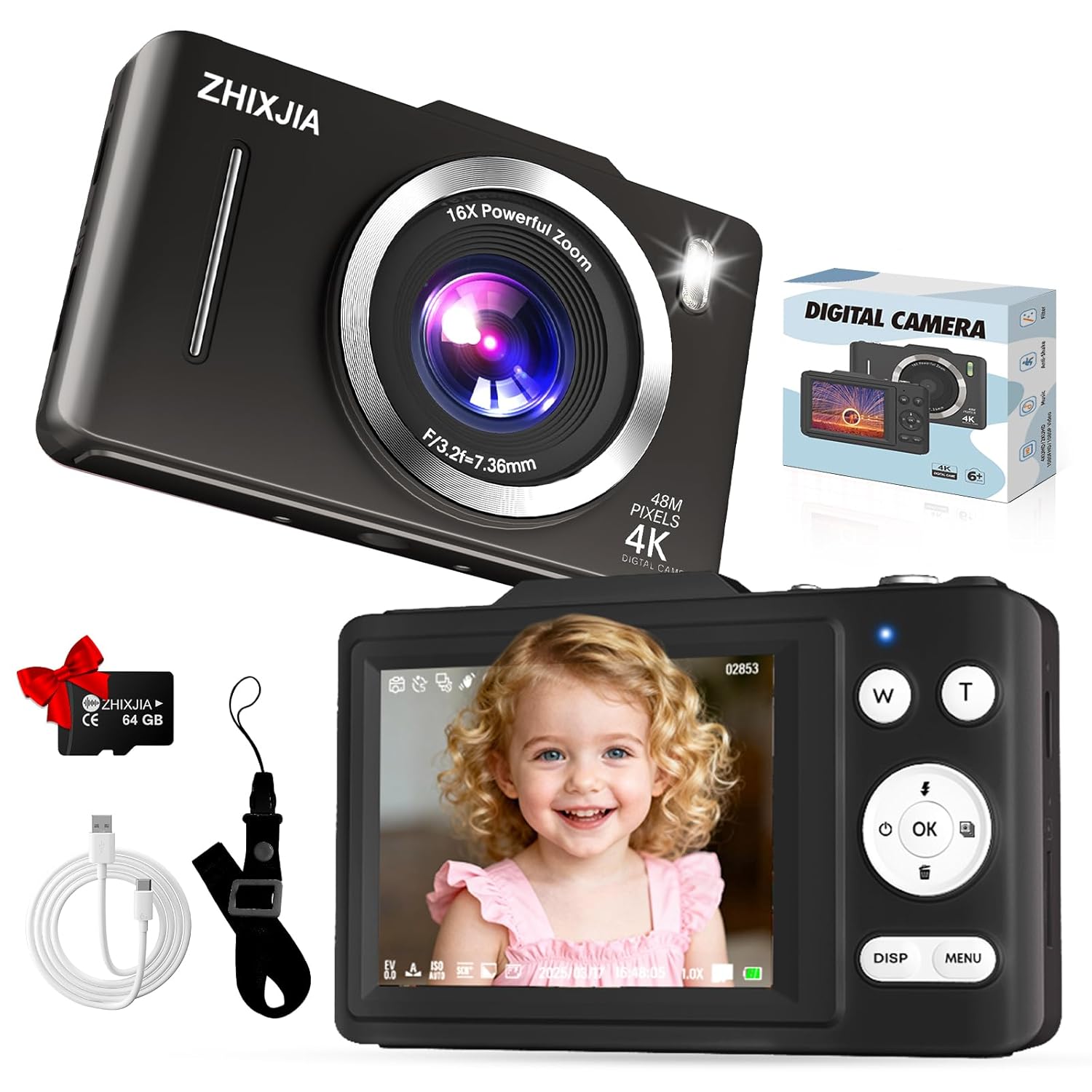 Digital Camera, 16X Zoom Anti Shake Date Stamp,Portable Compact Point and Shoot Digital Camera for Teens Adult Beginner with 64GB Card(White)