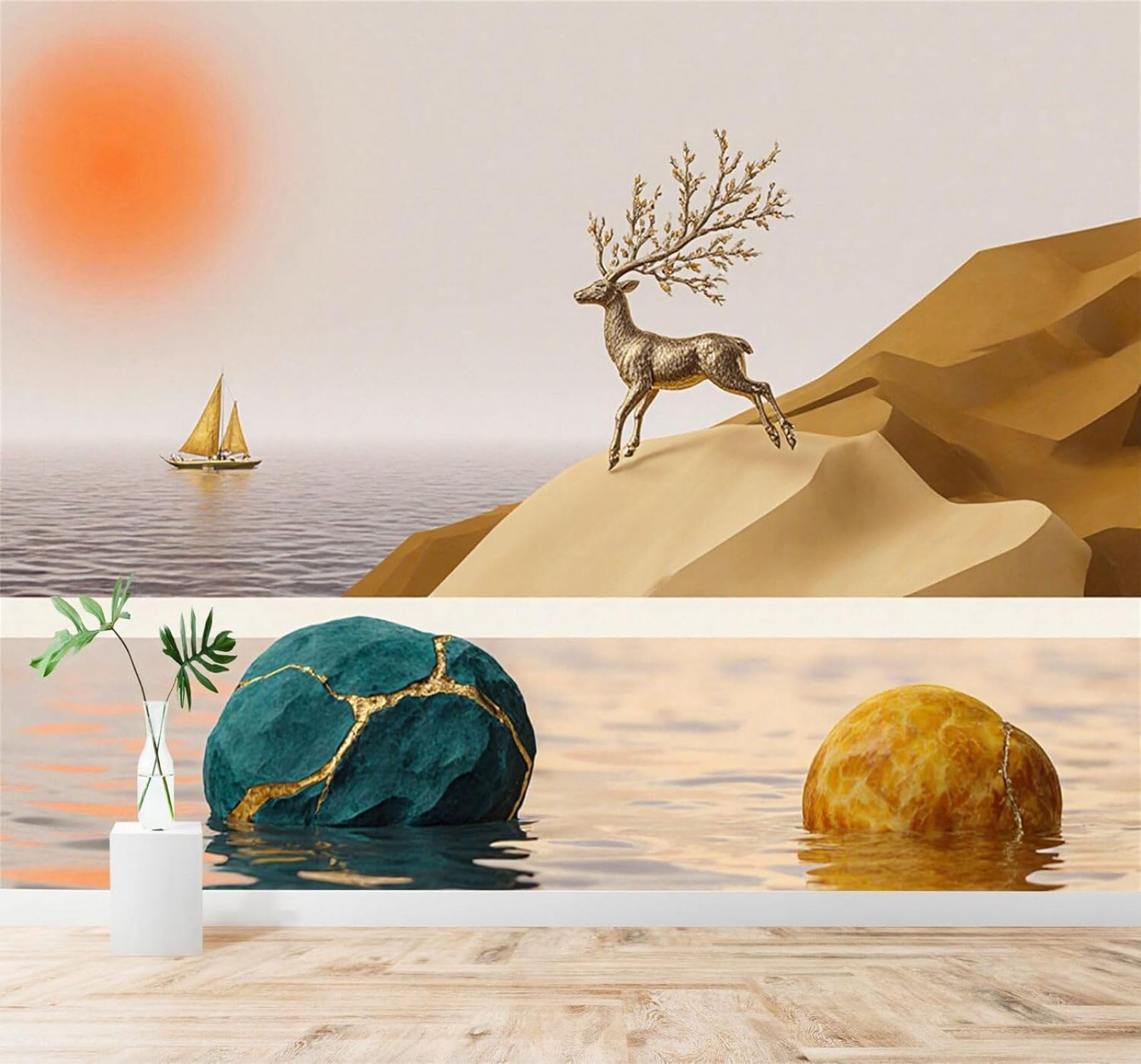 XLMING Abstract Golden Deer Sailing Ship Sunset Ocean 3D Wallpaper Silky Texture Home Study Office Grey Dining Room Sofa Bedroom Living Room TV Backdrop-430cm×300cm