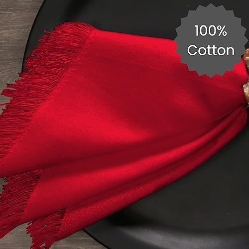 Miniatura 3 de Servilletas de tela con flecos decorativos, paquete de 12., Algodón, Rojo, 20x20