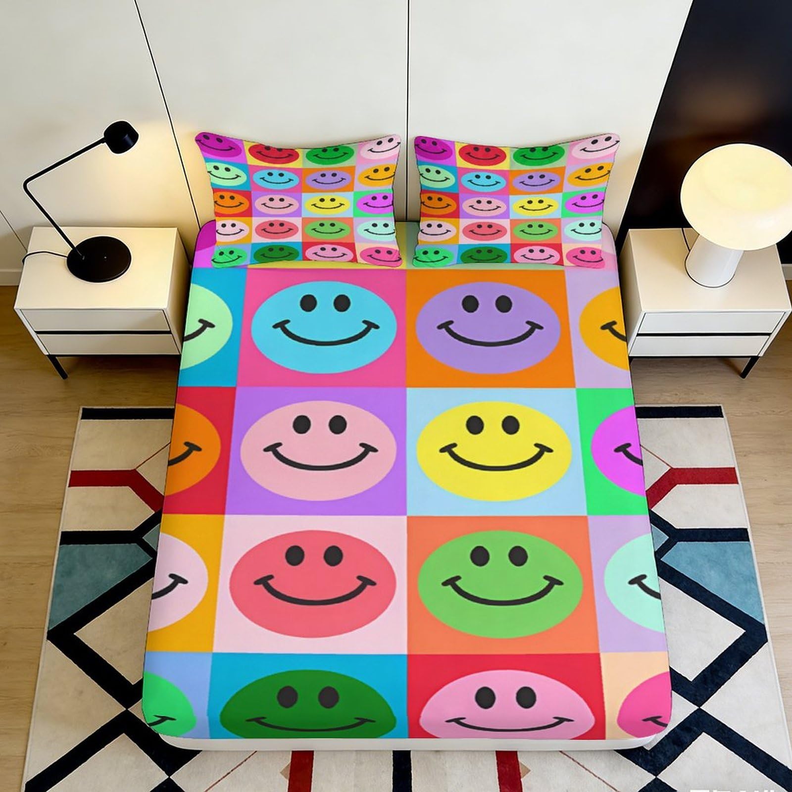 3D Printed Colorful Smiley Face Fitted Sheet Microfiber Soft Breathable Happy Pattern Bed Cover for Bedroom Dormitory Guest Room Mattress Protection 140x200x25cm