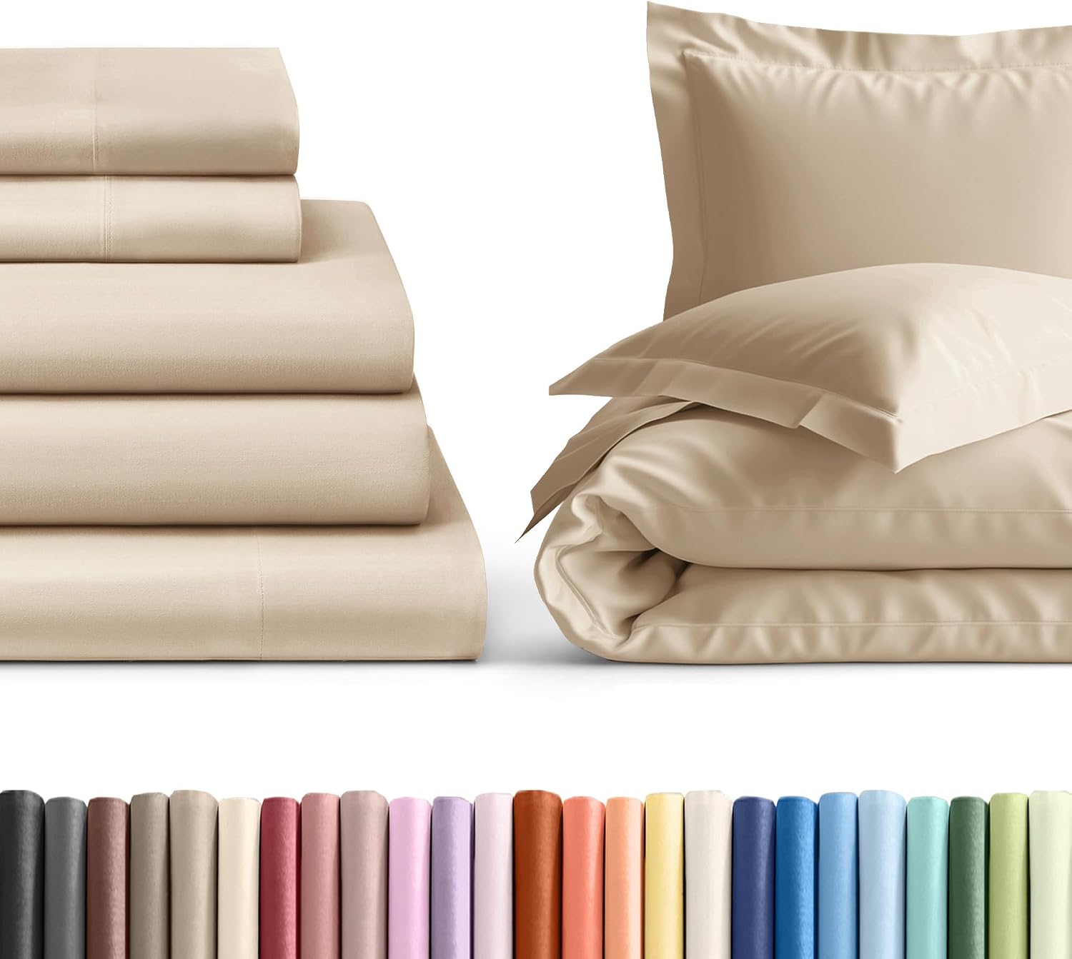 5 Piece Cream Split King Bed Sheet Set with Duvet Cover - 21” Extra Deep Pockets - 1 Flat & 2 Fitted Sheet and 4 Pillowcases - Oeko-TEX - Ultra Soft & Wrinkle Free - Hotel Luxury Bedding - E
