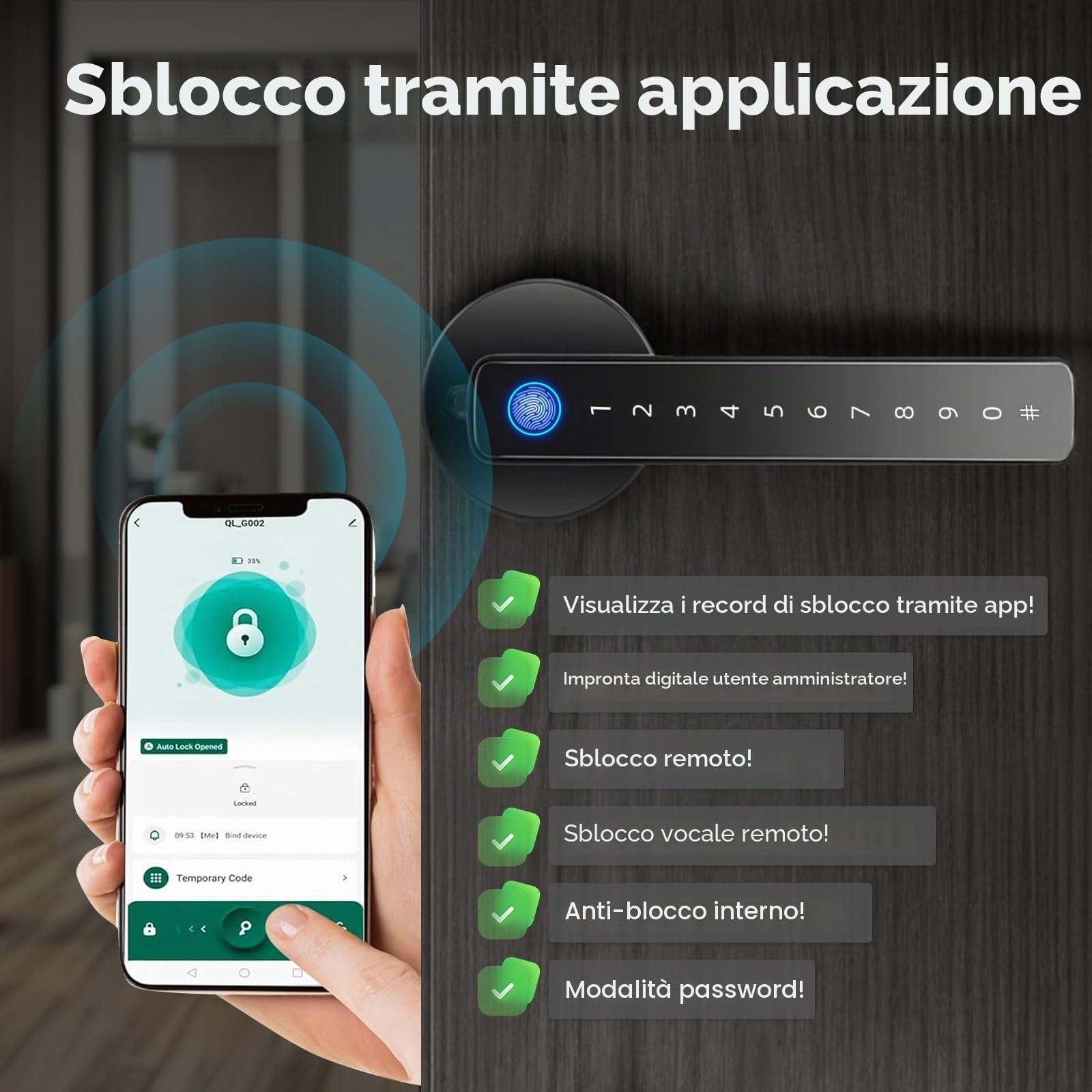 Serratura intelligente della porta, Serratura collegata Wifi Tuya Smart Lock Serratura Elettronico Biometrico Impronte Digitali RFID Scheda Senza chiave APP Telecomando Smart Lock