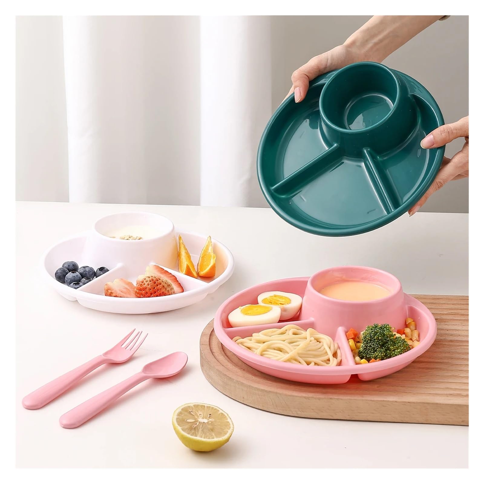 Obstsalatteller, mikrowellengeeignet, Wiederverwendbare, unterteilte Speiseteller, Dessertteller, Kuchenteller, Küchengeschirr(Pink,3pcs)