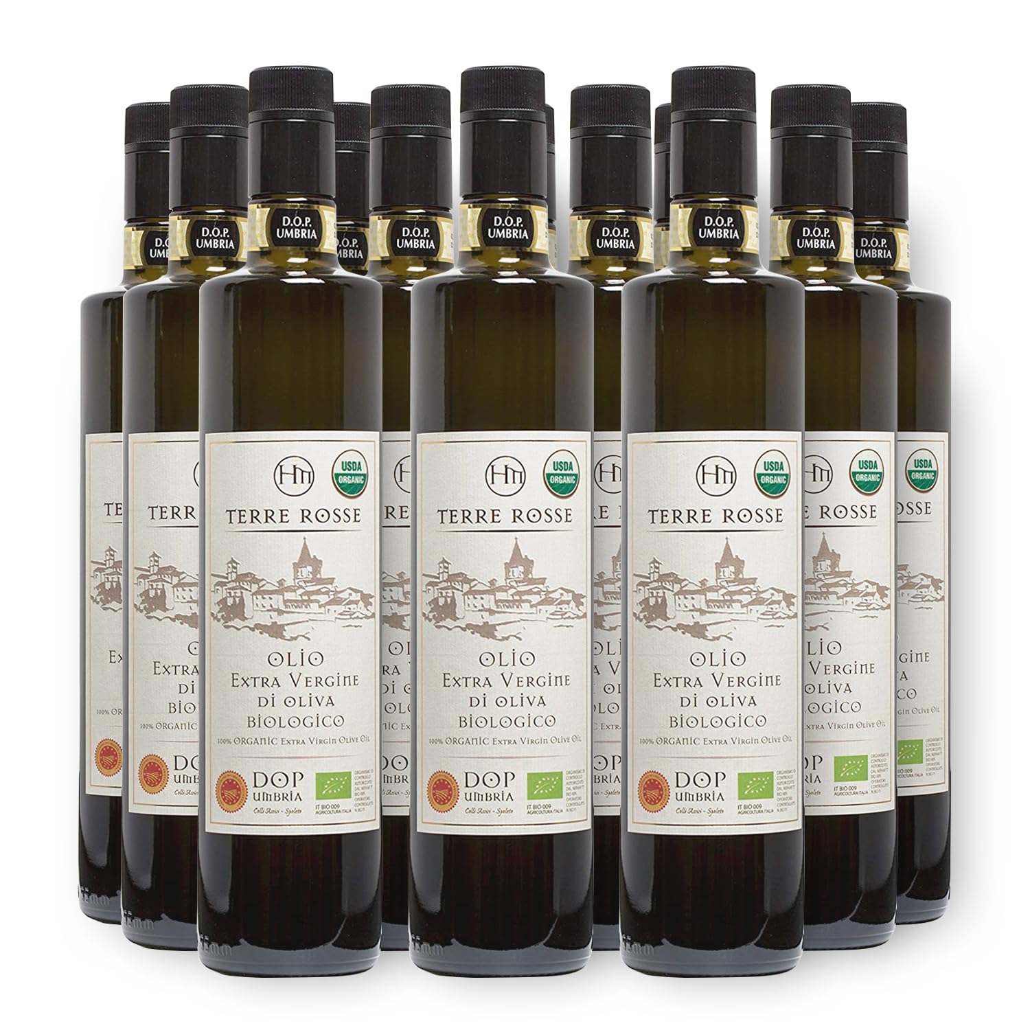 Terre Rosse - Włoska Organiczna Oliwa z Oliwek Extra Virgin Tłoczona na Zimno - Monokulturowa Moraiolo - Certyfikaty DOP Umbria i Kosher/P - Olive Harvest 2024 - Opakowanie 12 Butelki 750 ml