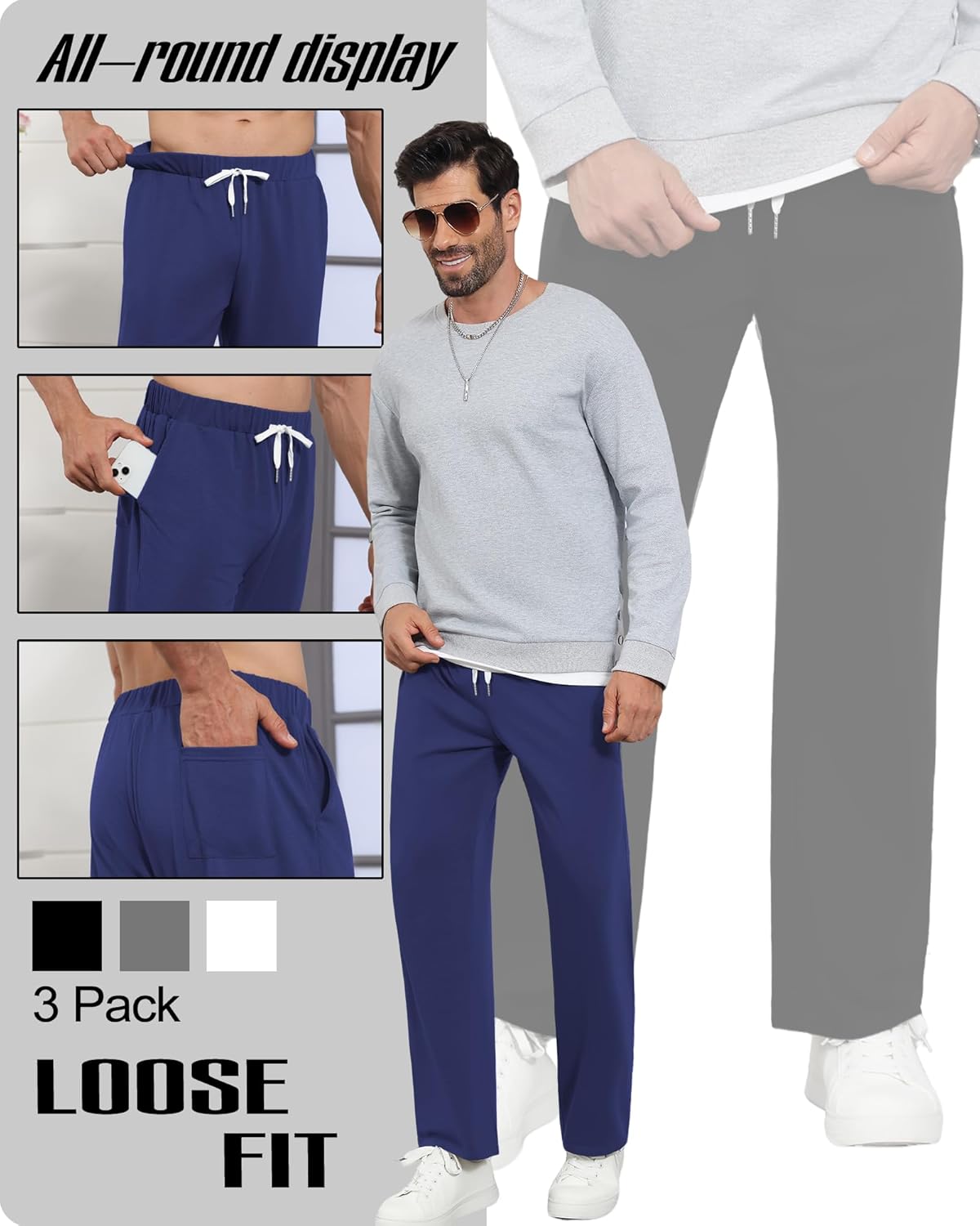 3 Pack Men's Big and Tall Baggy Sweatpants Wide Leg Drawstring Loose Athletic Workout Casual Pants with Pockets - Image 6