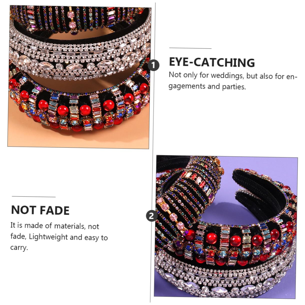FRCOLOR 2 Diademas De Ala Ancha Con Completos Joyas Para El Pelo Diademas Elásticas Con Joyas Accesorios Para El Pelo Para Mujeres Diademas Para Mujeres Y Niñas Aro Para El