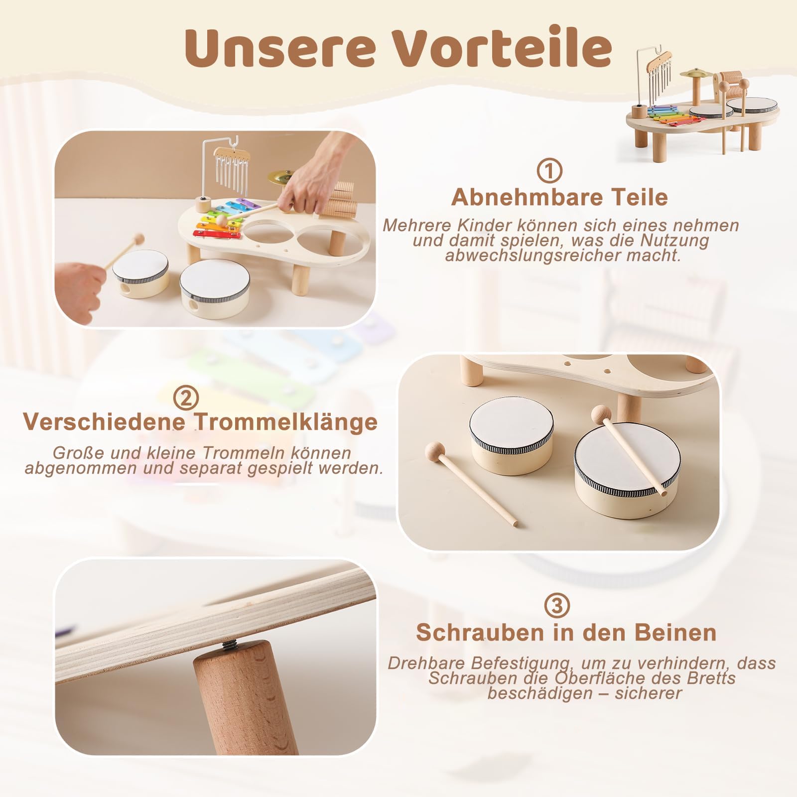 Holz Montessori Musikinstrumente für Kinder ab 1 2 3 Jahre, Schlagzeugset mit Xylophon Trommel, Lernspielzeug Geschenk