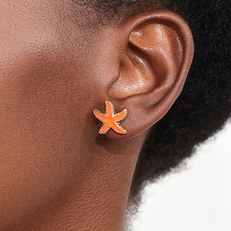 Boho Starfish Earrings Tiny Cute Sea Stars Earrings Vintage Starfish Studs Earring Minimalist Summered Beach Earring for Women(Orange) - Image 2