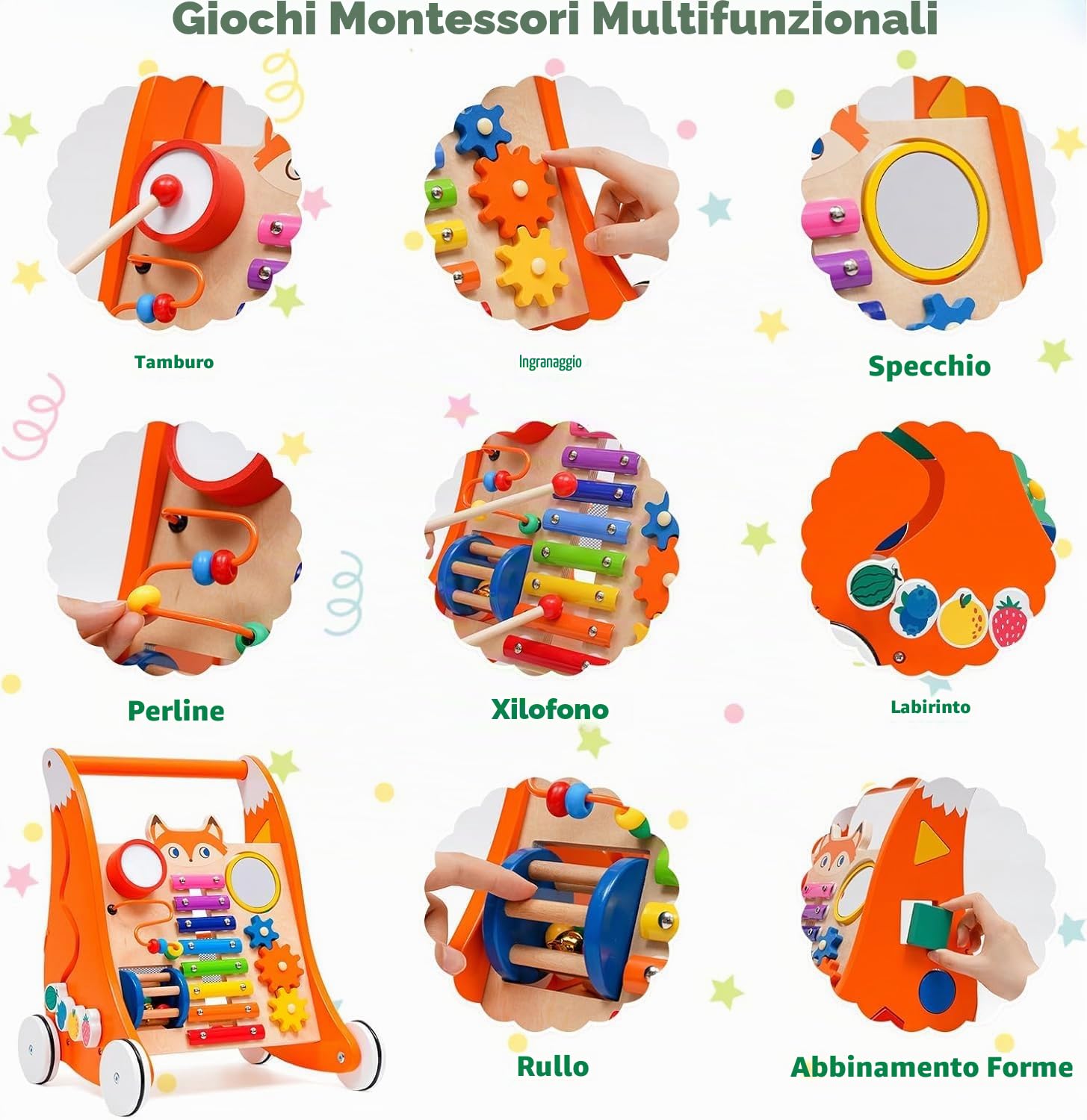 Carrellino Primi Passi,Girello Per Bambini 6-18 mesi - Giocattolo in legno Con Musica e gioco di forme,Giocattolo multifunzionale Montessori,Carrello primi passi legno,Regalo per bambini e bambine
